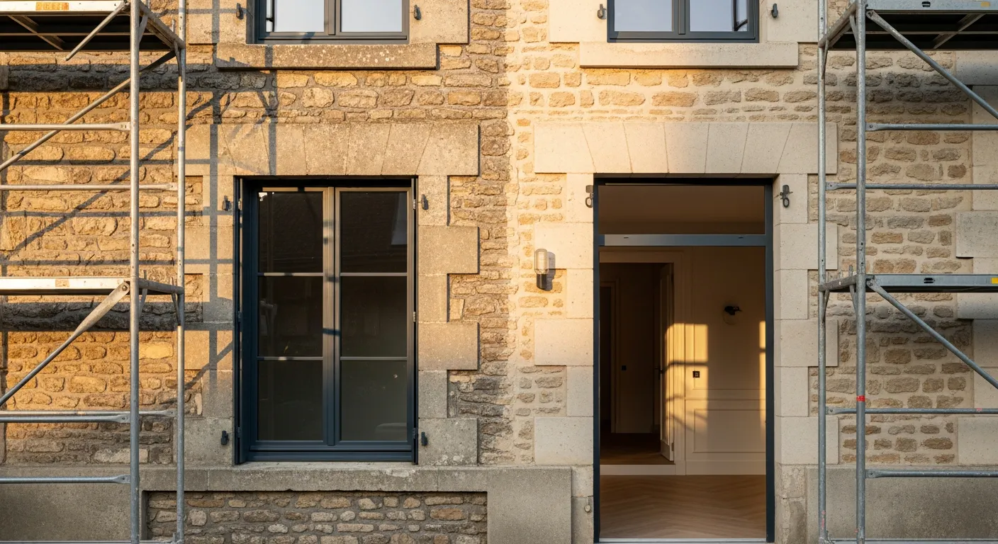 Vue extérieure d'une maison en cours de rénovation