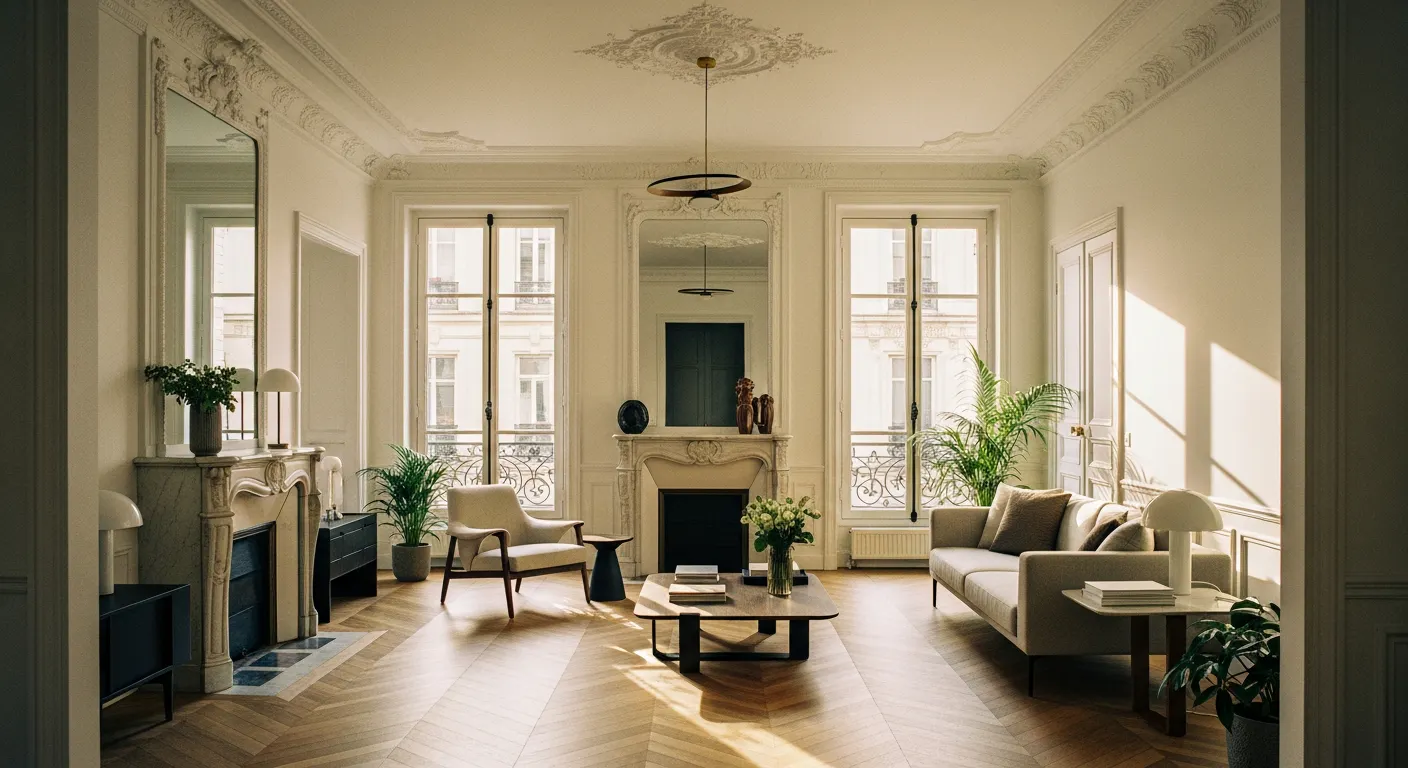 Salon rénové d'un appartement haussmannien du quartier Bac-Bécon-Flachat à Asnières-sur-Seine