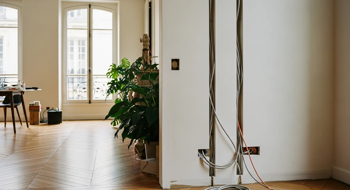 Installation électrique en cours dans un appartement parisien