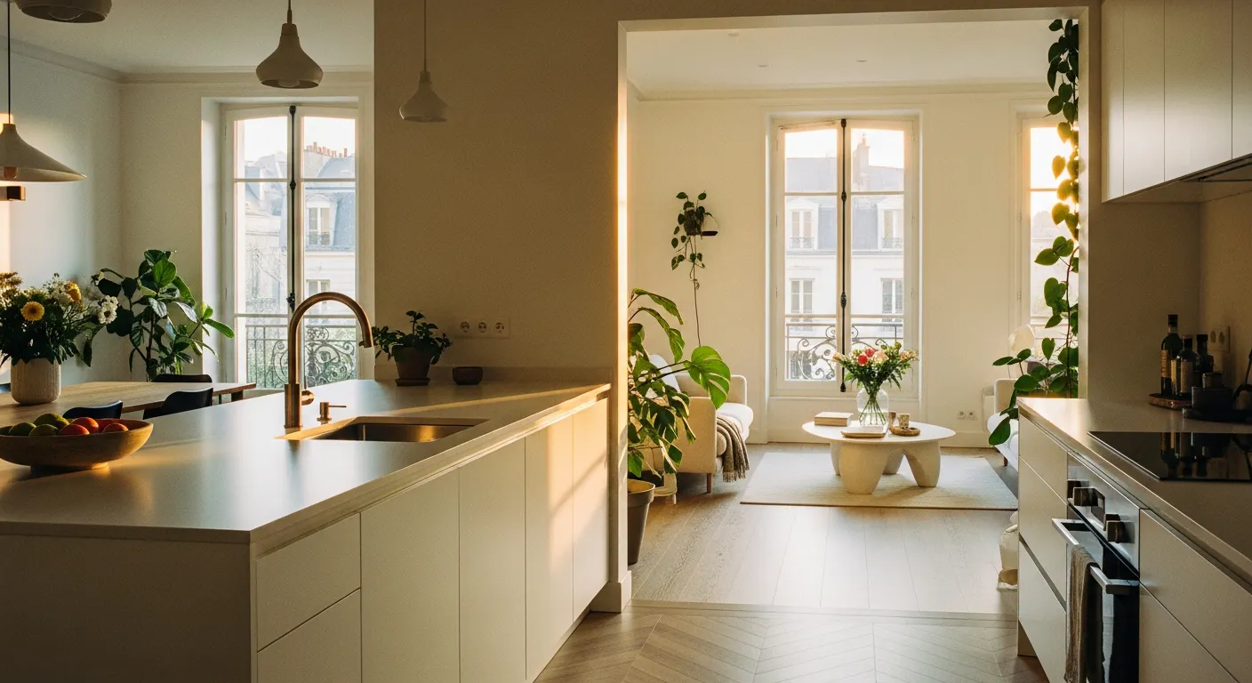 Cuisine moderne avec plan de travail compact HPL et sol vinyle, rénovation locative réussie