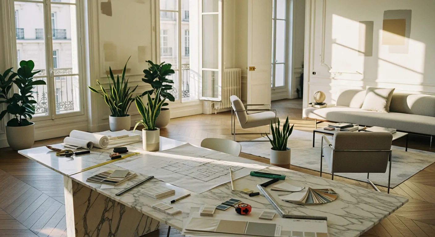 Appartement parisien en cours de rénovation avec plans architecturaux et échantillons de matériaux