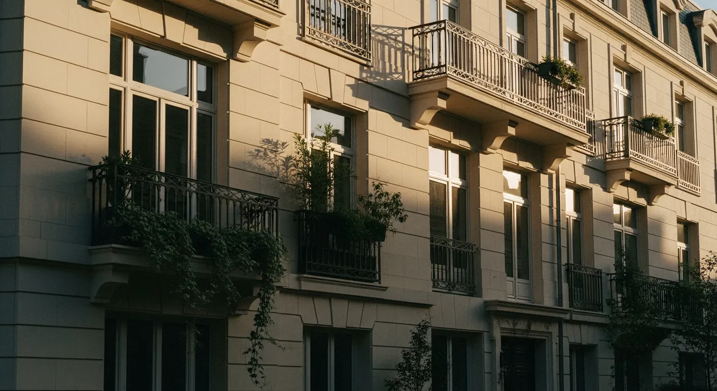 Immeuble résidentiel neuf achevé, façade avec balcons et grandes baies vitrées au coucher du soleil