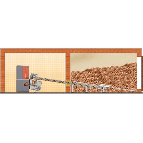 A graphic depicting a wood chip fuel store feeding a biomass boiler