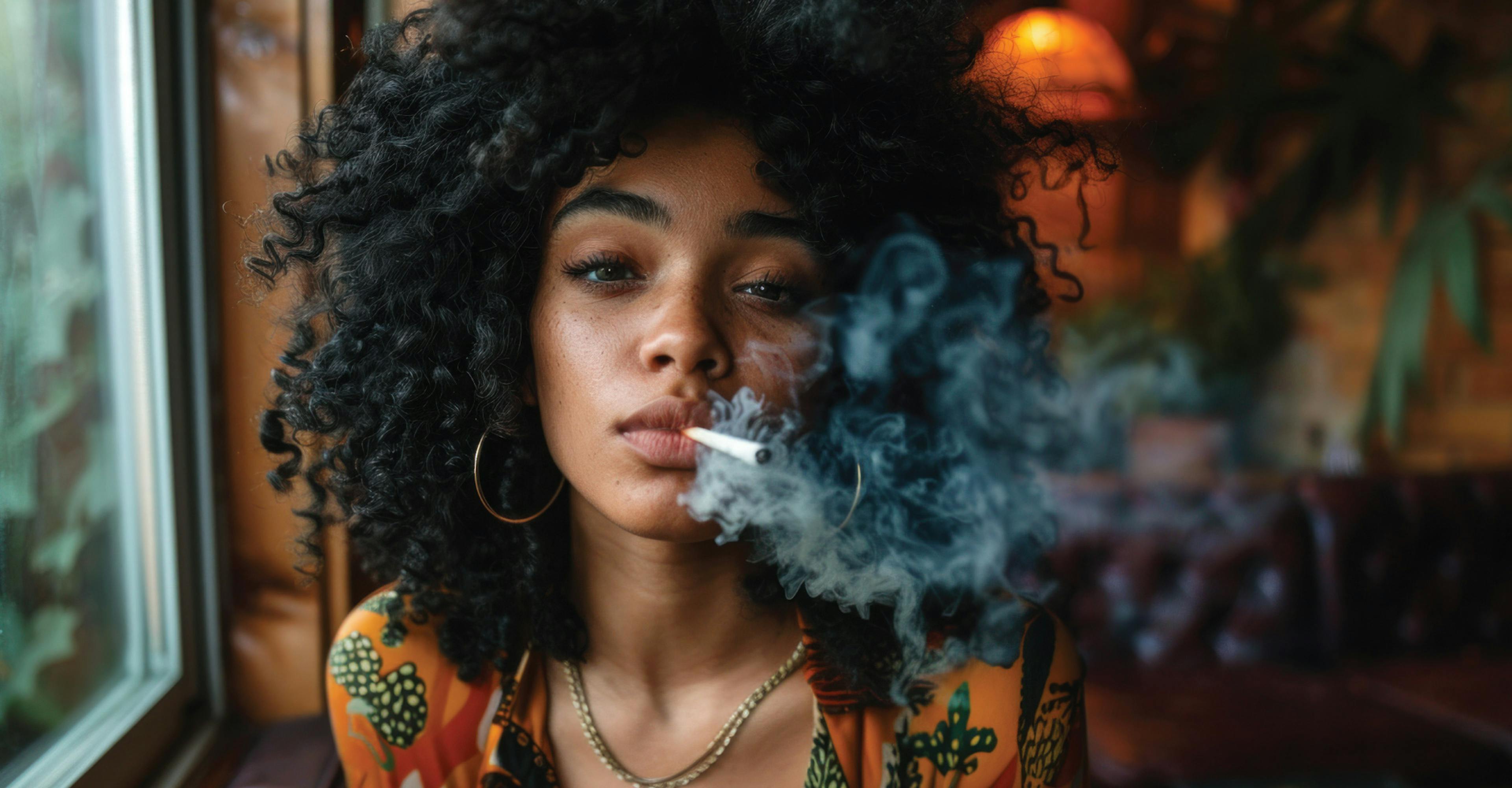 a woman smoking a pre-roll marijuana joint