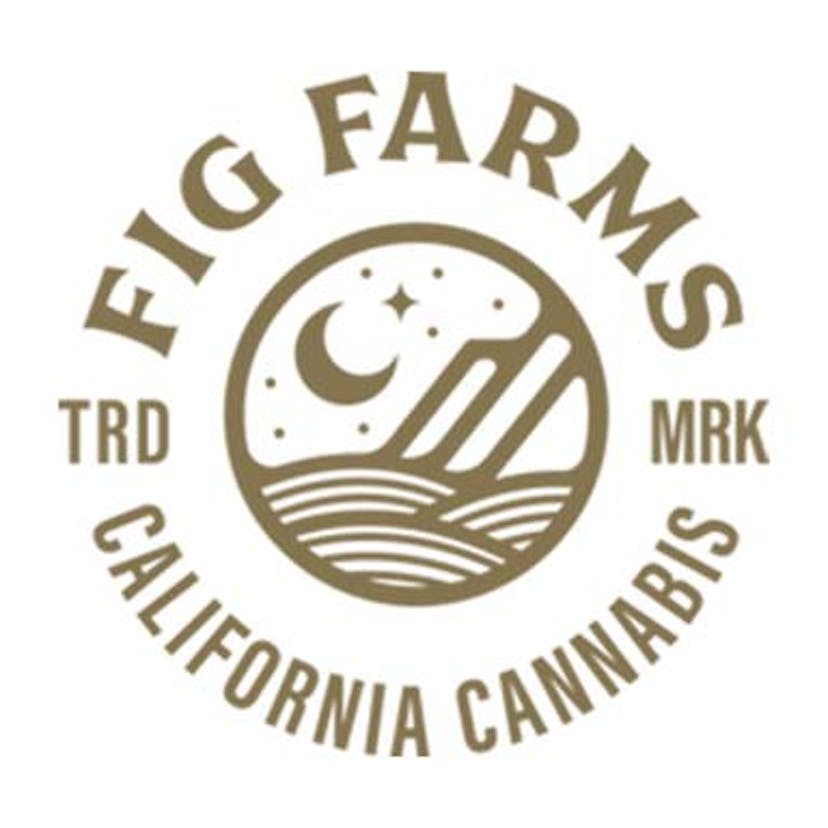 A logo for Fig Farms, a cannabis company, featuring art in the style of vinyl etching with a moon, hills, and mountains.