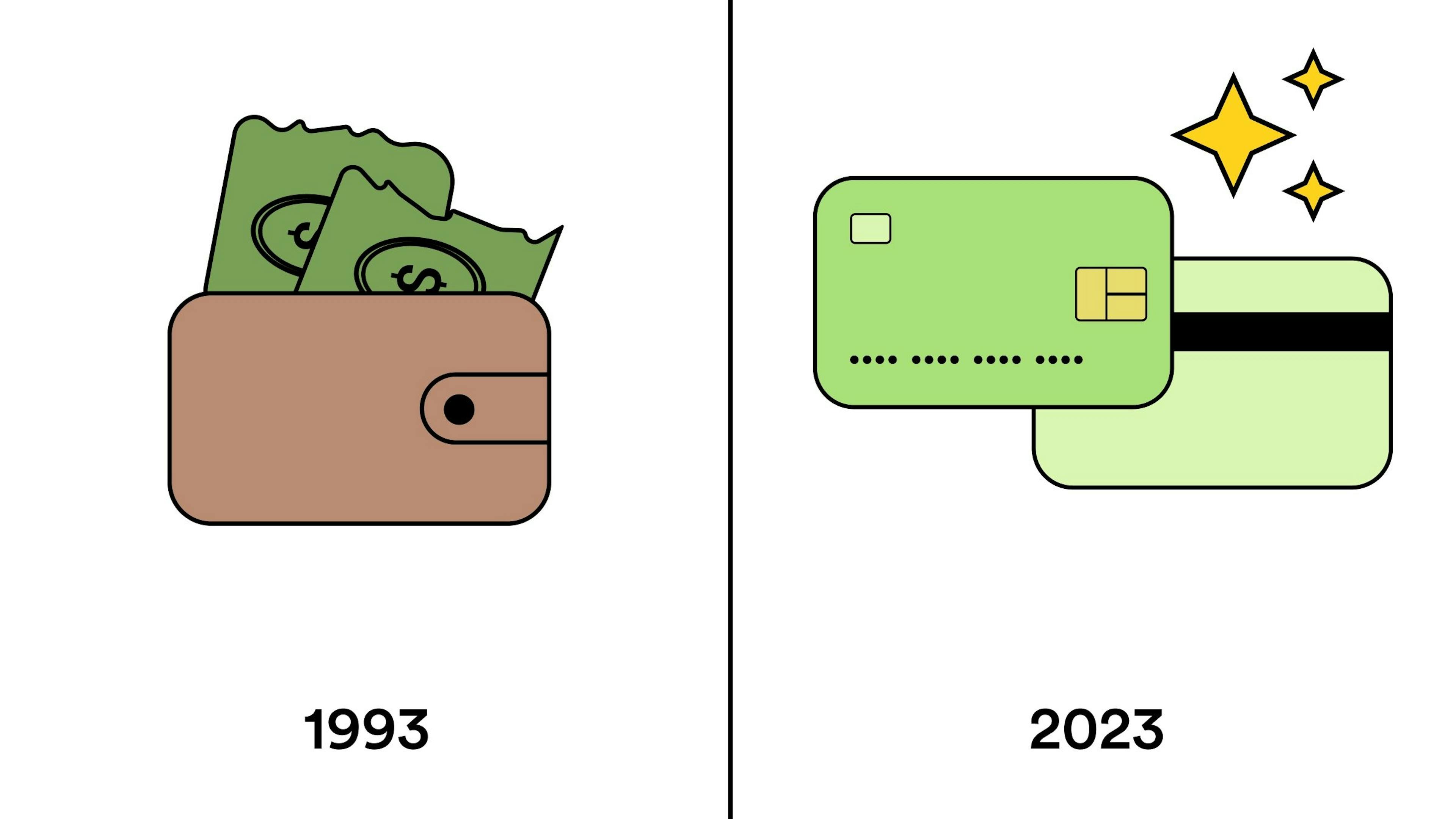 An illustration depicts cash, torn and messy in a wallet with the subtitle 1993. Opposite, a clean, shiny new debit card sparkles, with the subtitle 2023.