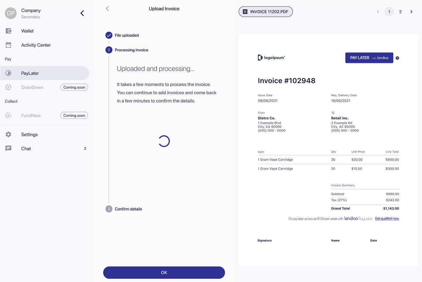 A screenshot of a demo lendica platform - the user is being directed to upload an invoice inside PayLater, and a sample invoice for $1143 of cartridges is show