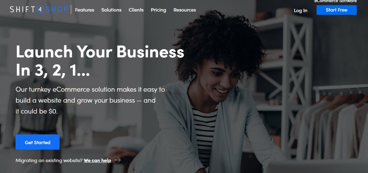 A screenshot of the Shift4Shop website is displayed, with the words Luanch Your Business in 3,2,1 and Get Started with a smiling person looking at a computer in the background