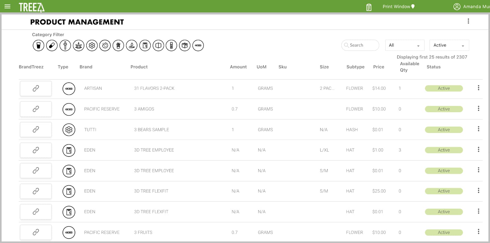 A visualization of product management screens shows Treez backend, with product management screen up, showing the type, brand, product, amount, unit of measurement, price, qty available and status.