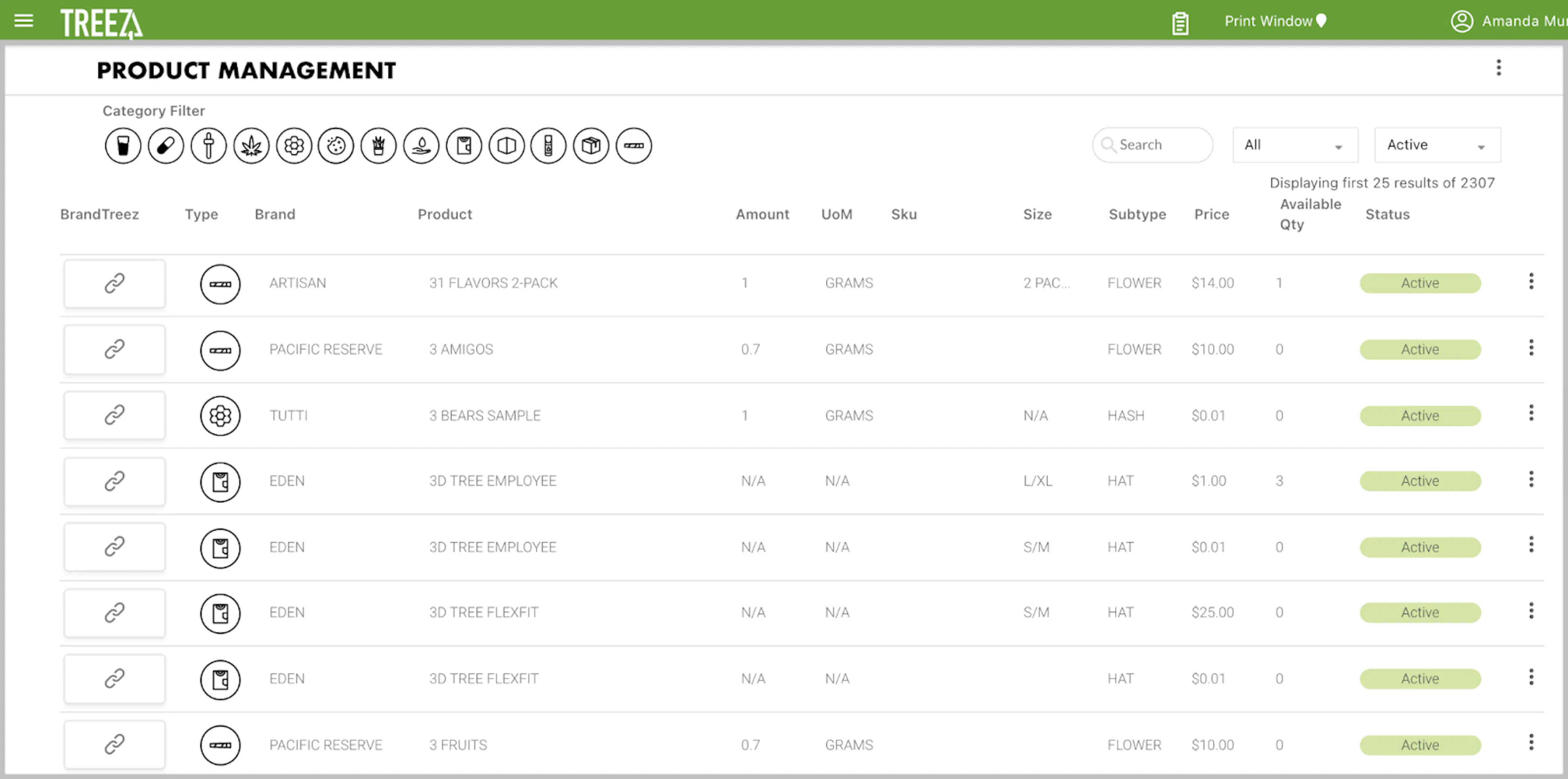 A visualization of product management screens shows Treez backend, with product management screen up, showing the type, brand, product, amount, unit of measurement, price, qty available and status.