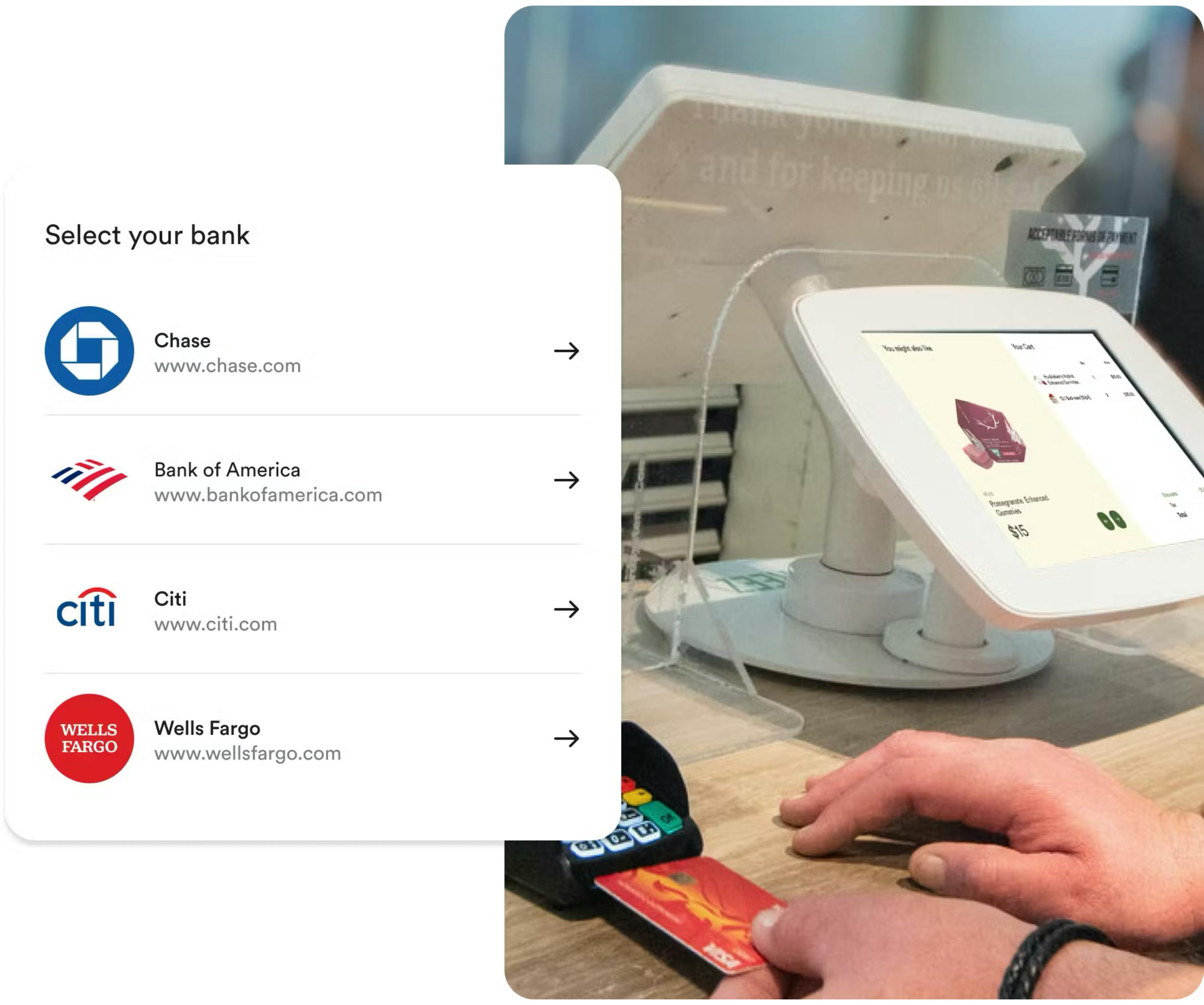 A screenshot illustration of ACH payments, listing popular banks and a confirmation message for a cannabis order made at a dispensary through ACH payments