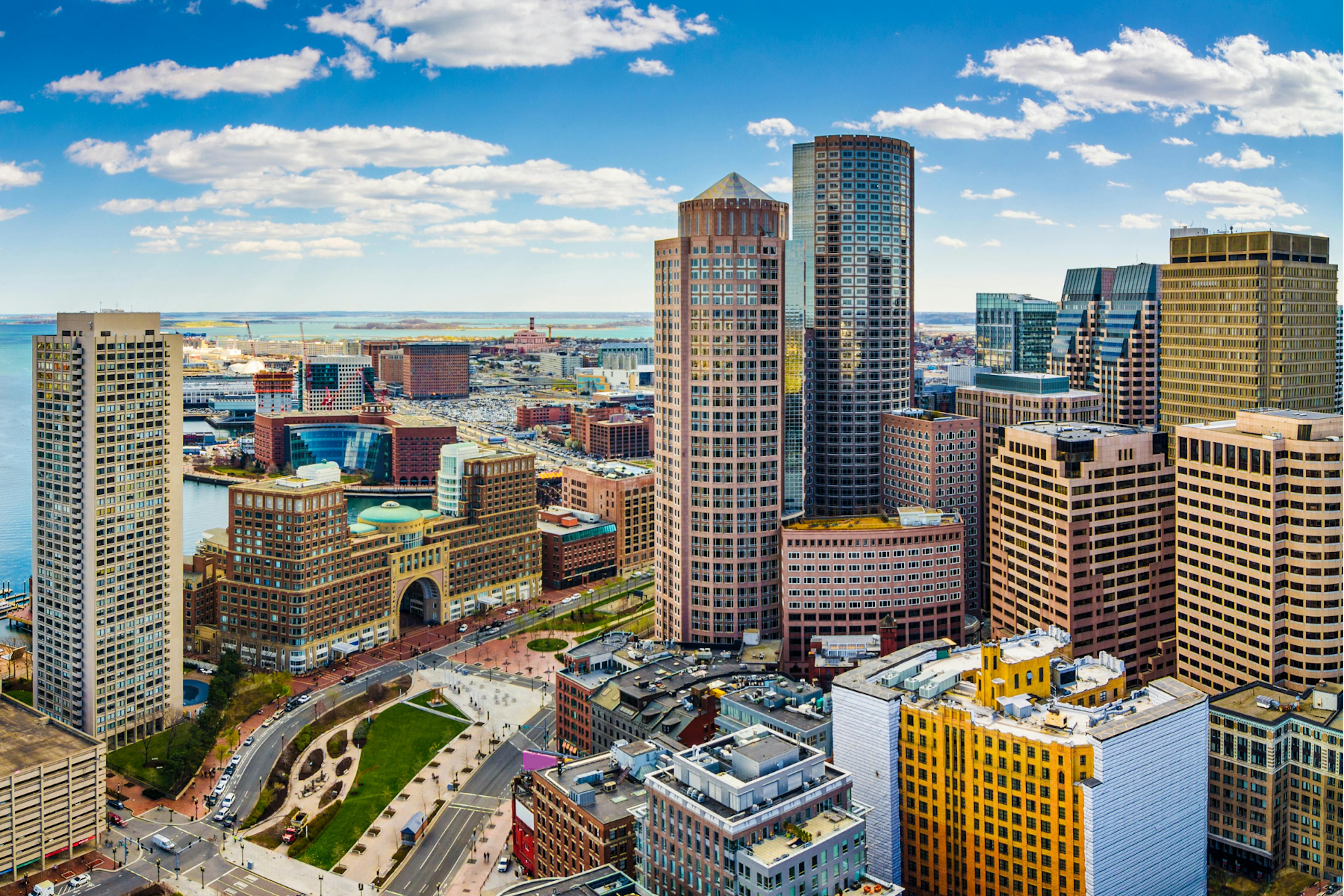 Boston from above, the city is home to many cannabis dispensaries and a vibrant cannabis community