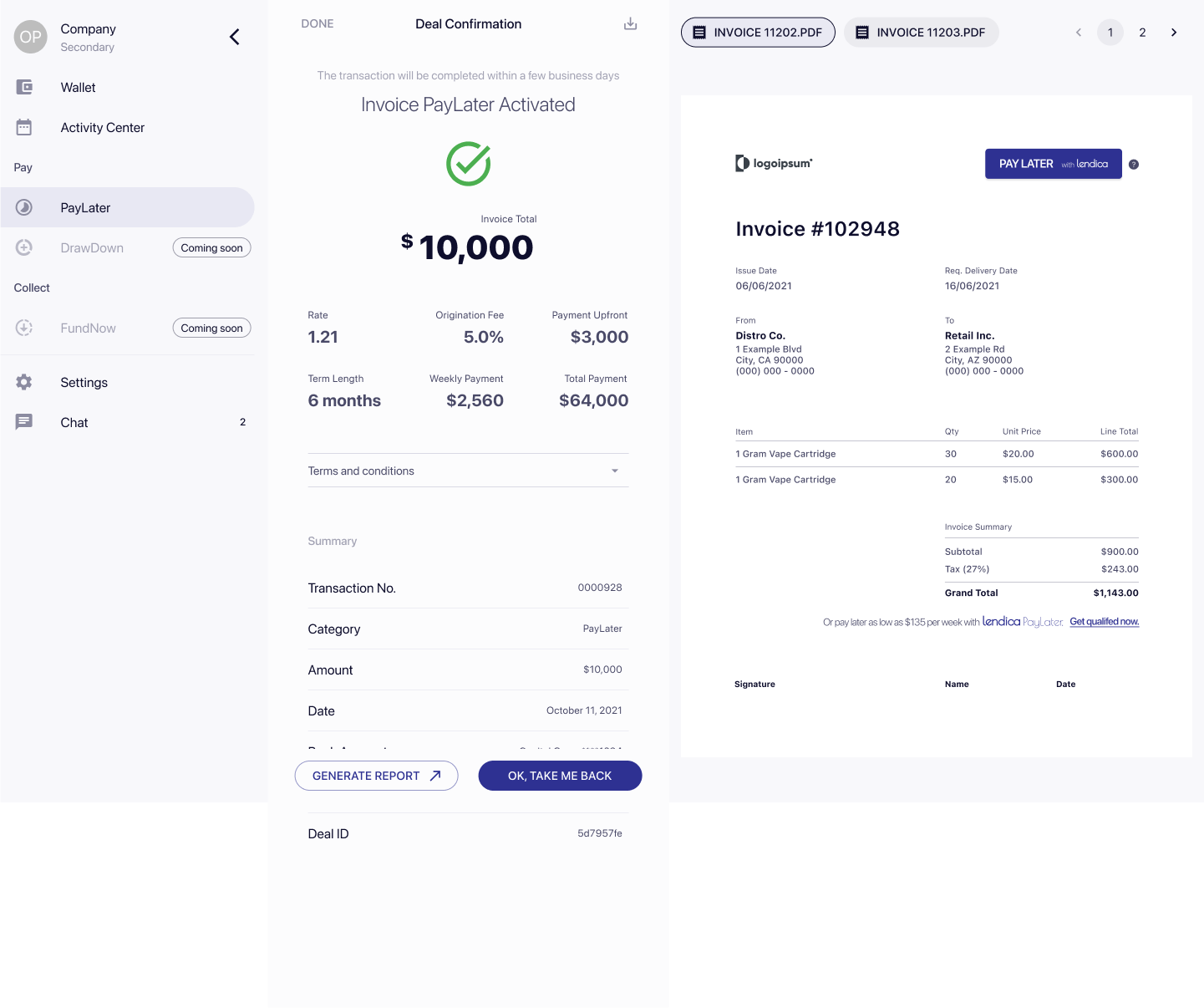 A screenshot of a demo lendica platform is shown, with a Deal Confirmation page for an invoice - Invoice Paylater has been activated