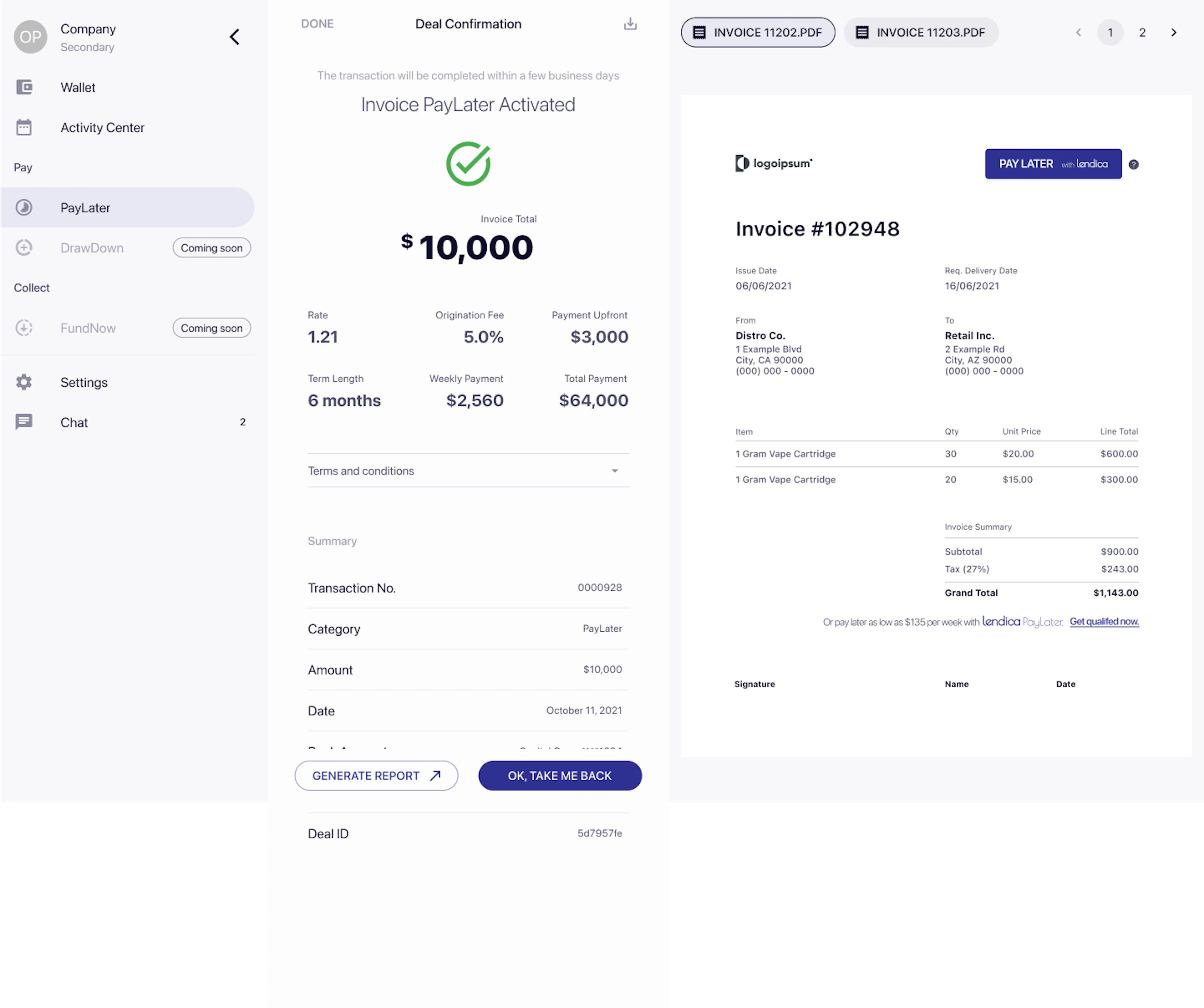A screenshot of a demo lendica platform is shown, with a Deal Confirmation page for an invoice - Invoice Paylater has been activated