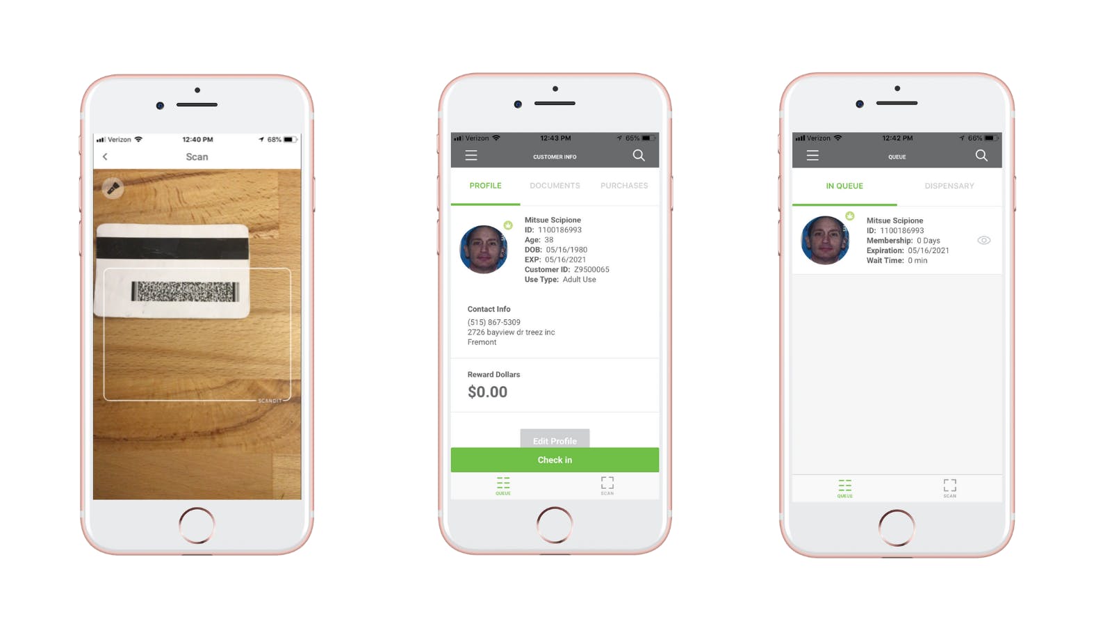 Three iOS app screens are shown, the first shows the phone's camera actively engaged to scan a driver's license bar code, the second shows a customer profile found with the license information and a button to check the person in, the third shows a queue of customers that the check in has been placed into