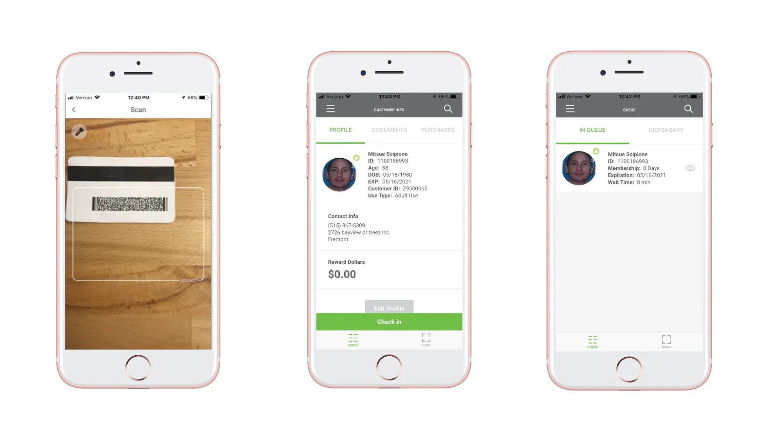 Three iOS app screens are shown, the first shows the phone's camera actively engaged to scan a driver's license bar code, the second shows a customer profile found with the license information and a button to check the person in, the third shows a queue of customers that the check in has been placed into