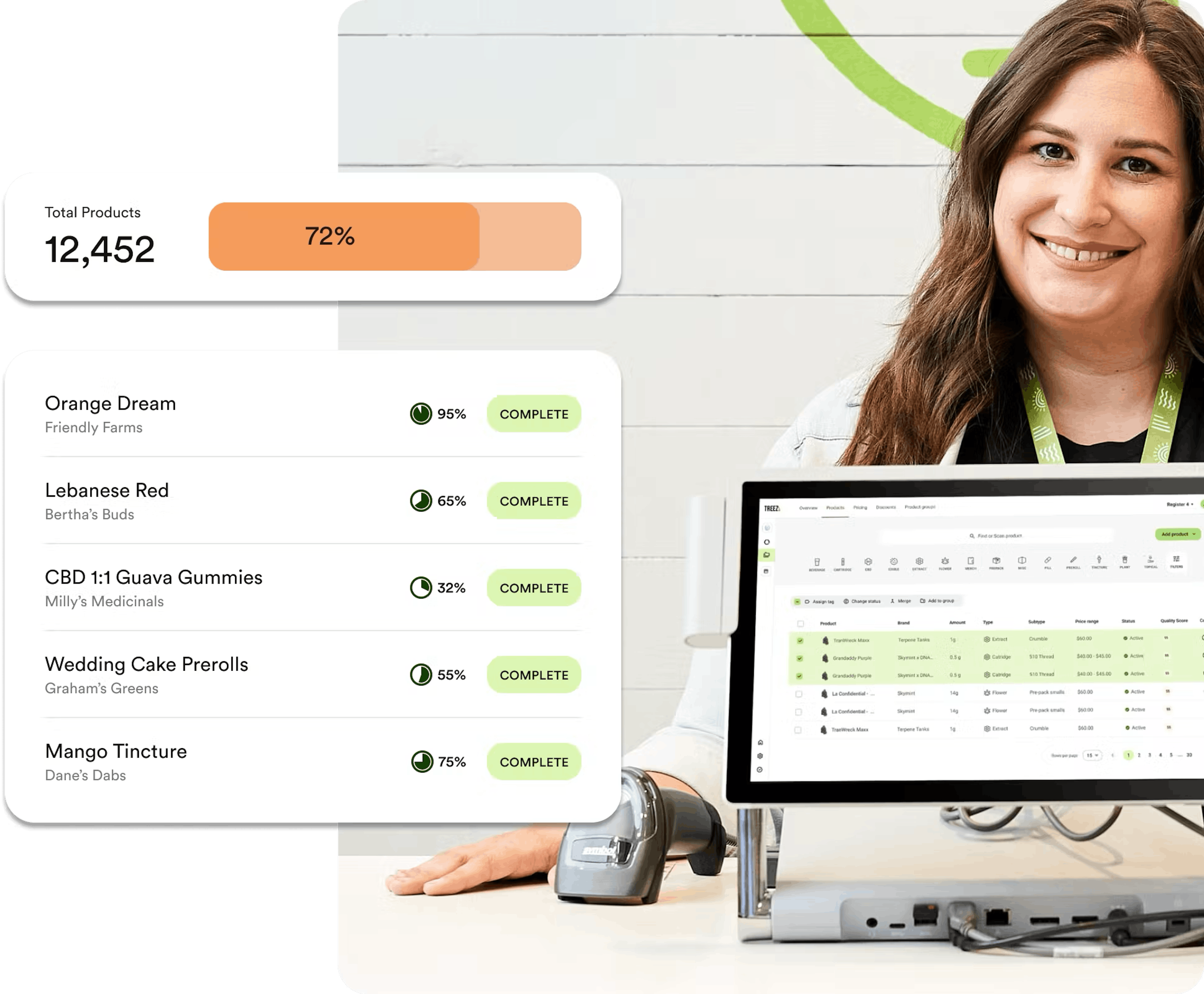 A budtender smiles as their cannabis point of sale system's screen displays products for a customer. A visualization to the left shows strains, brands, and orders cannabis POS system records the items being purchased and the quantity of each.