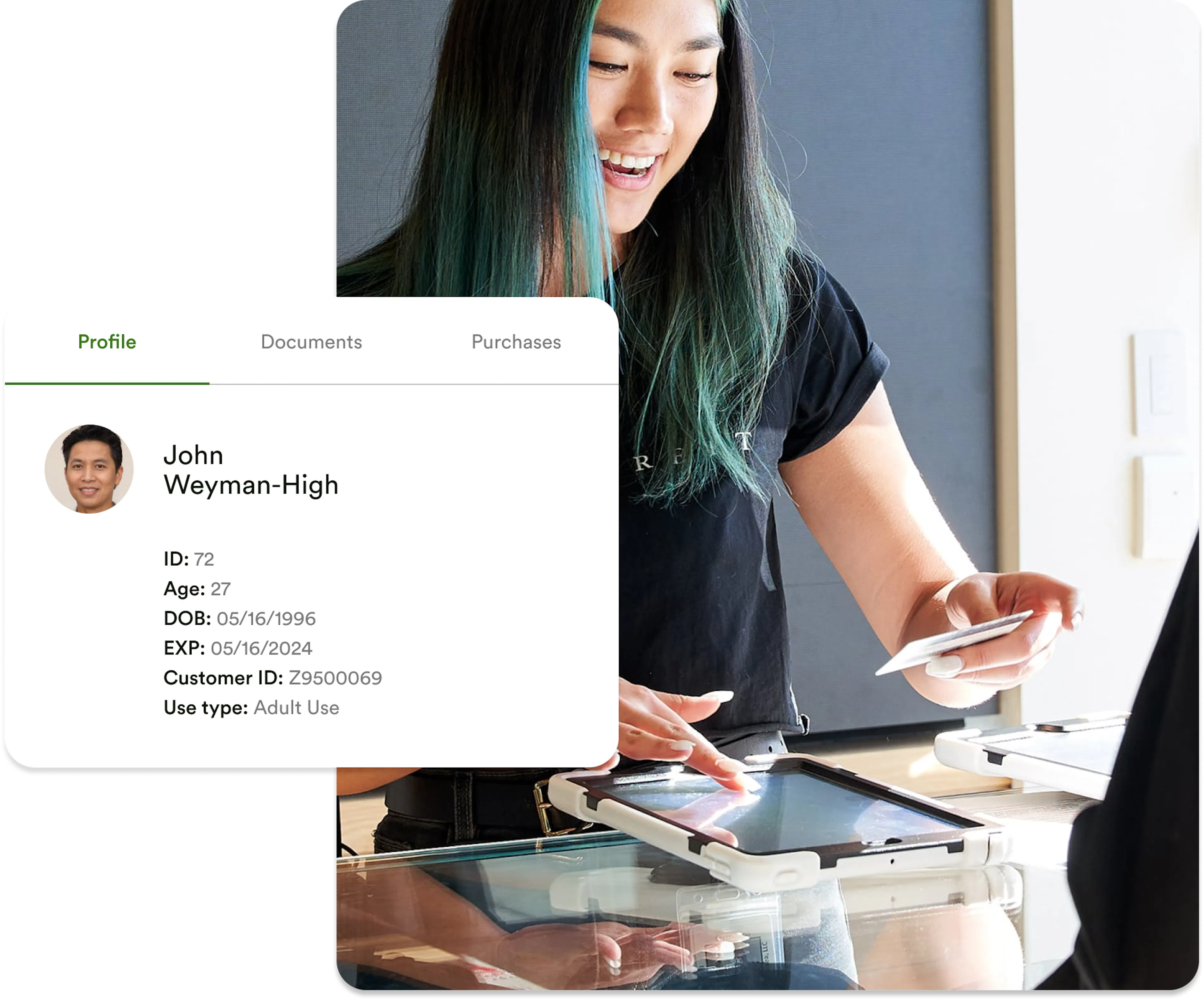 A budtender taps on a tablet screen while holding identification in their other hand. A illustration above shows what their screen might show - a adult-use customer's details including name, age, ID number, date of birth, customer use type