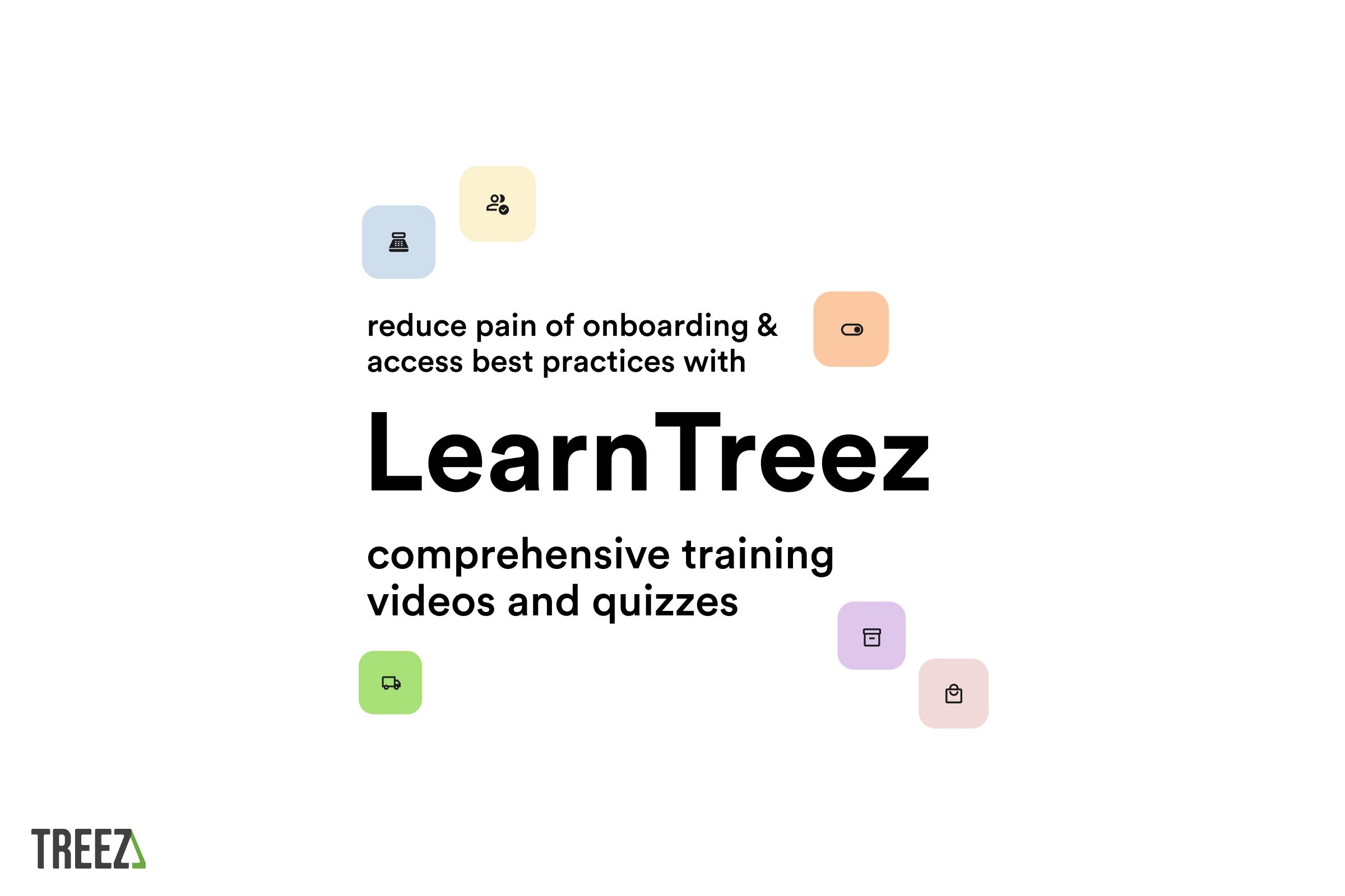 A text illustration displays the words "reduce pain of onboarding & access best practices with LearnTreez comprehensive training videos and quizzes". Surrounding the text are icons representing point of sale, customer management, security, storage, delivery and shopping.