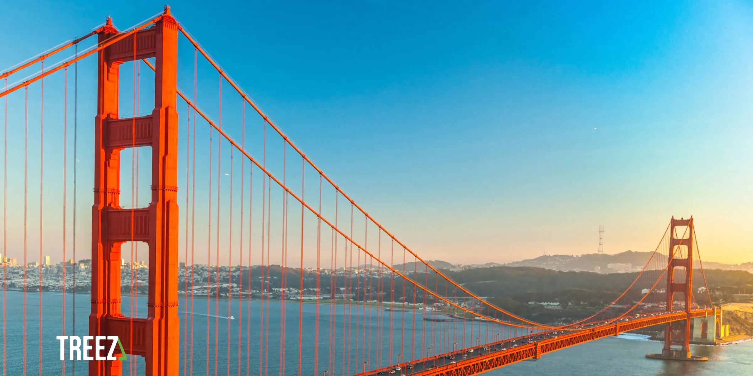 A photo of the Golden Gate Bridge over the sunrise