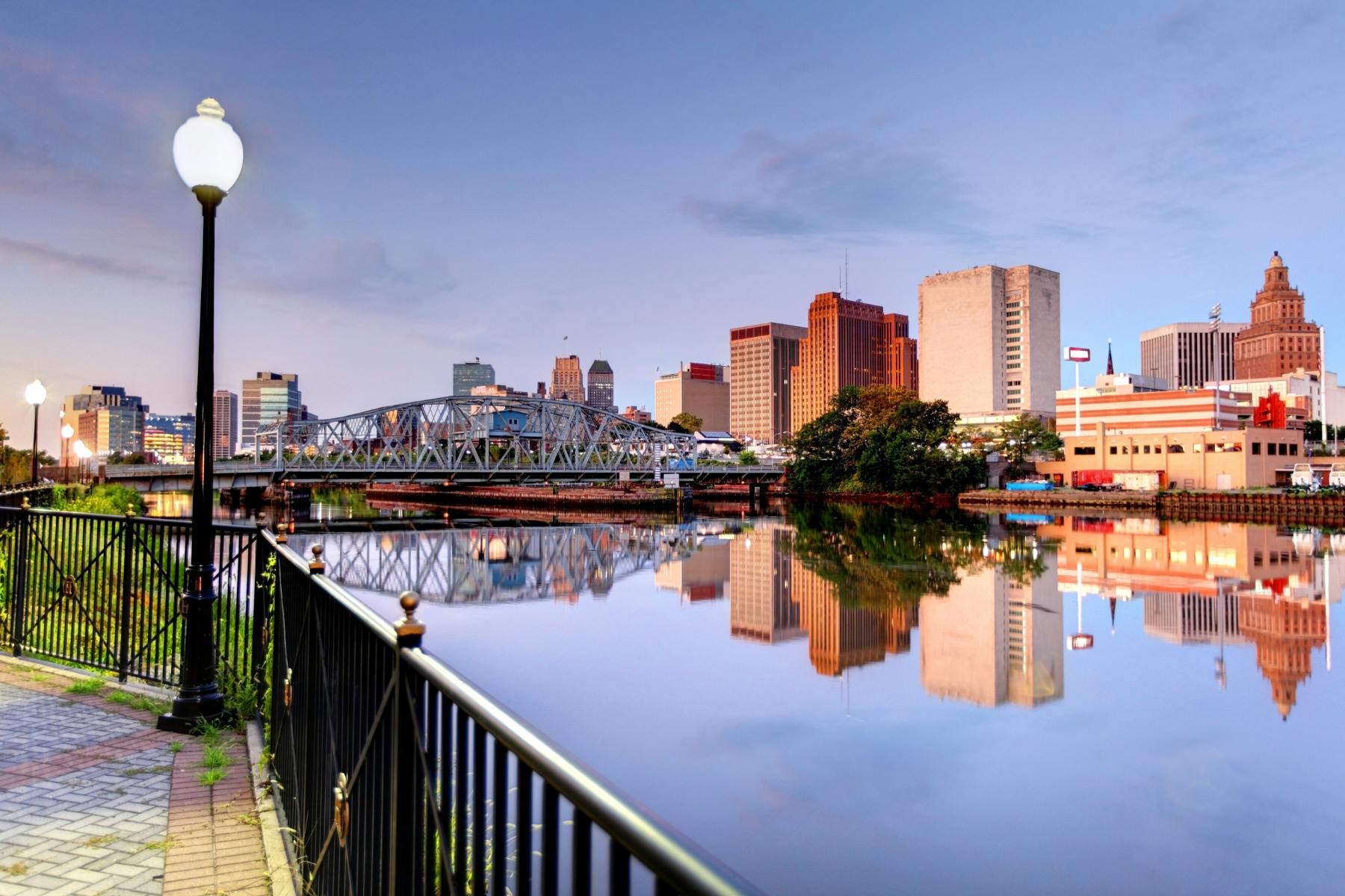 downtown Newark new jersey is shown at sunset
