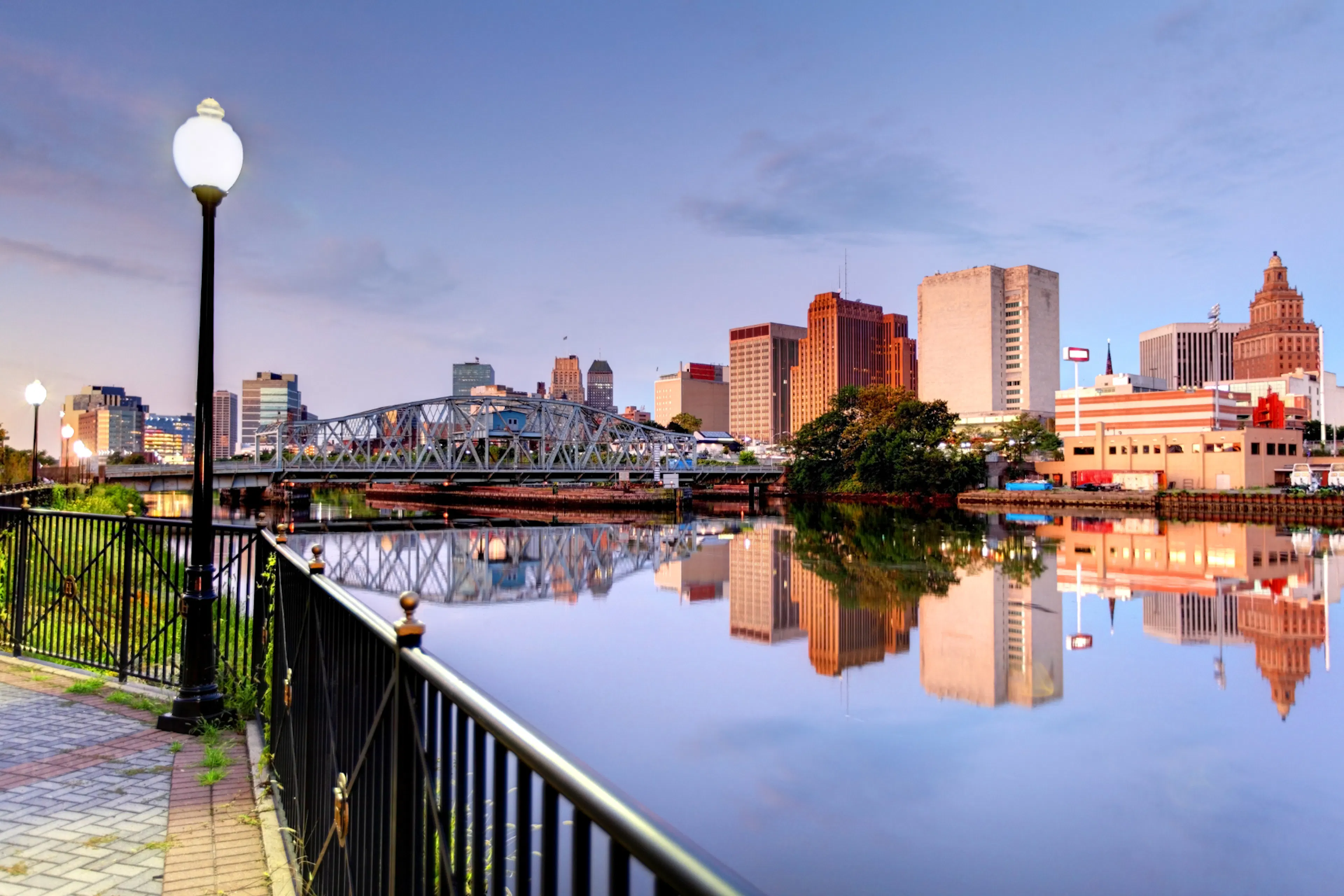 downtown Newark new jersey is shown at sunset