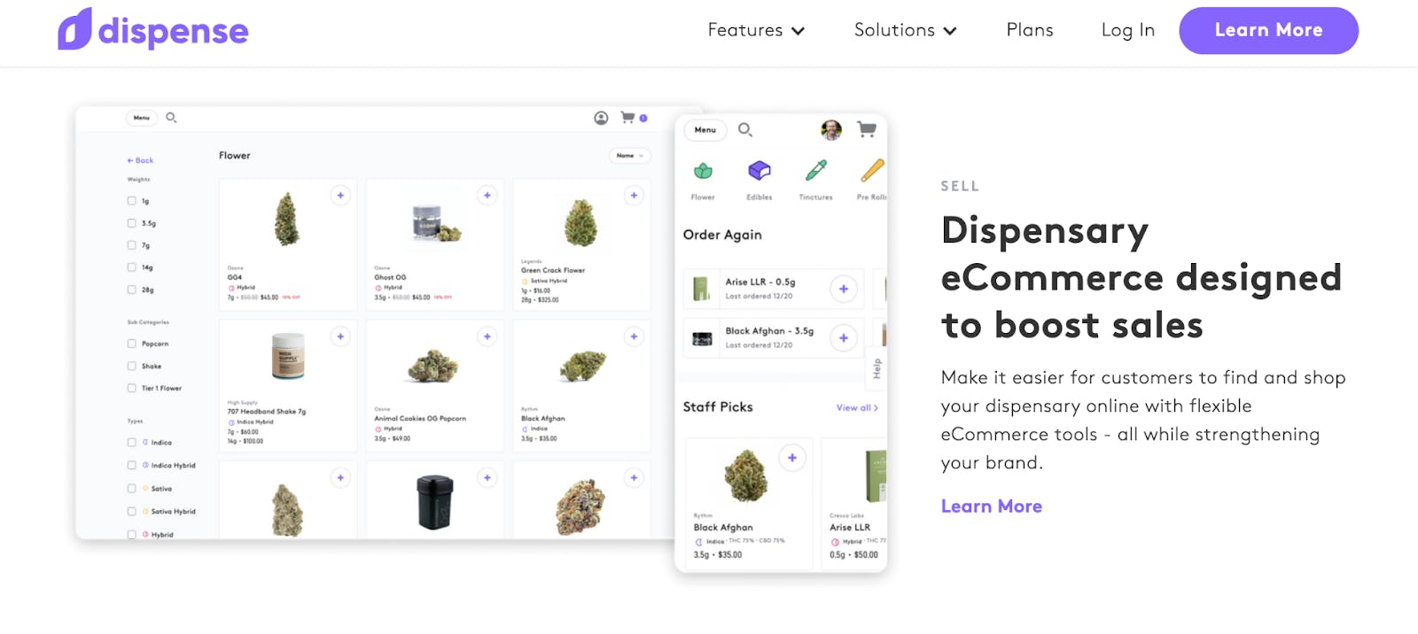 A screenshot of the Dispense website is displayed, with the words Dispensary eCommerce designed to boost sales