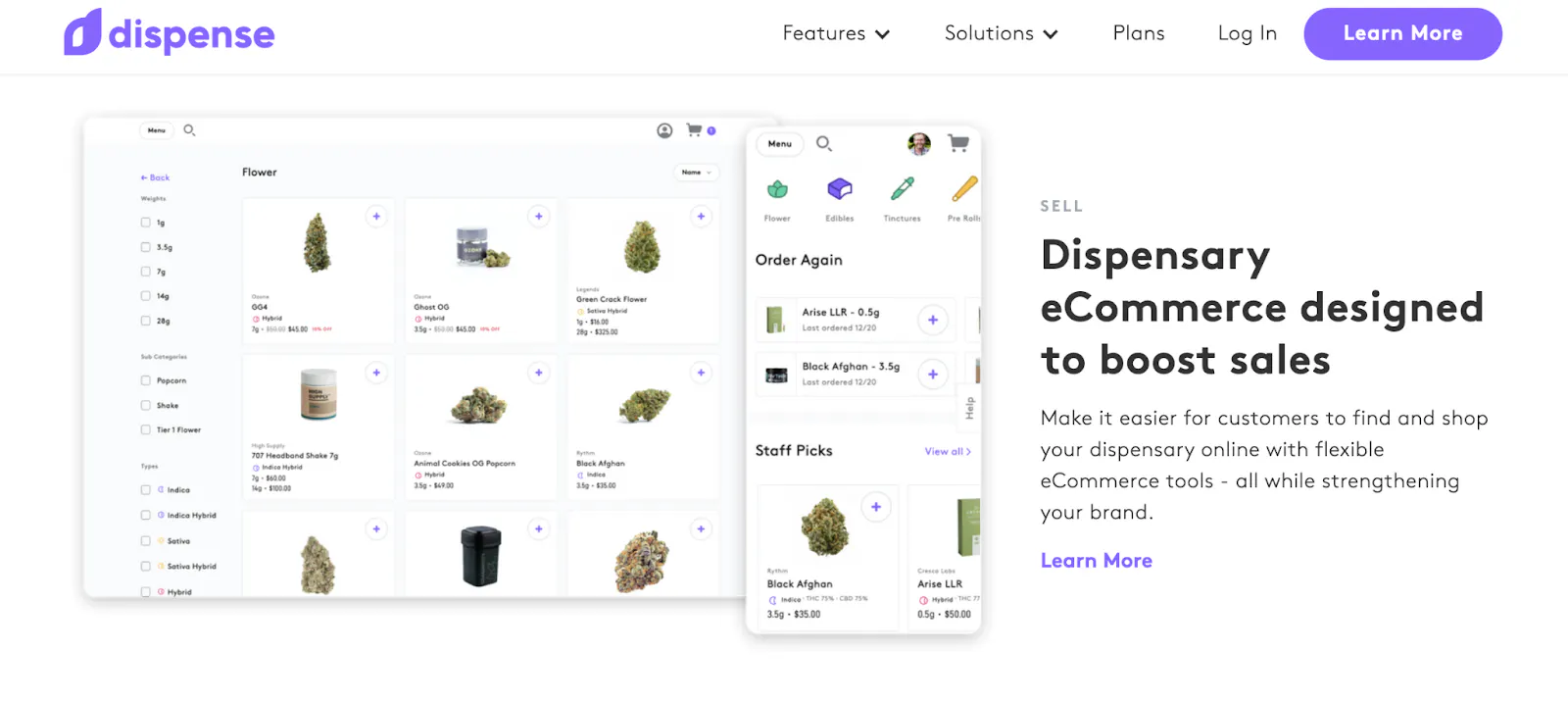 A screenshot of the Dispense website is displayed, with the words Dispensary eCommerce designed to boost sales