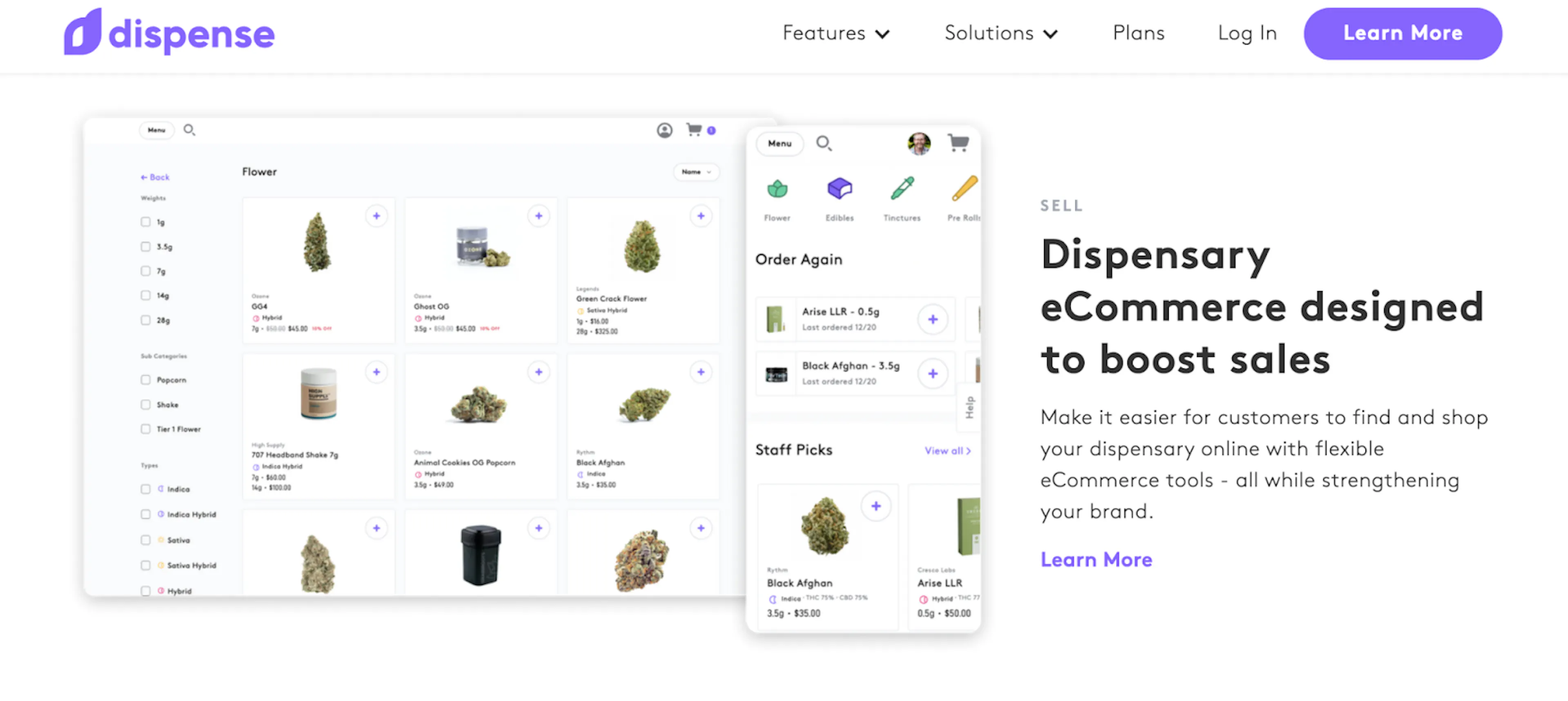 A screenshot of the Dispense website is displayed, with the words Dispensary eCommerce designed to boost sales