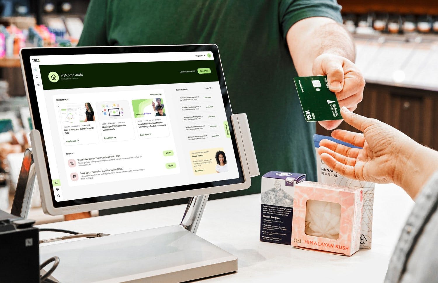 Point of sale system screen shows a colorful menu with product images and prices, and a payment section with various options for transactions.