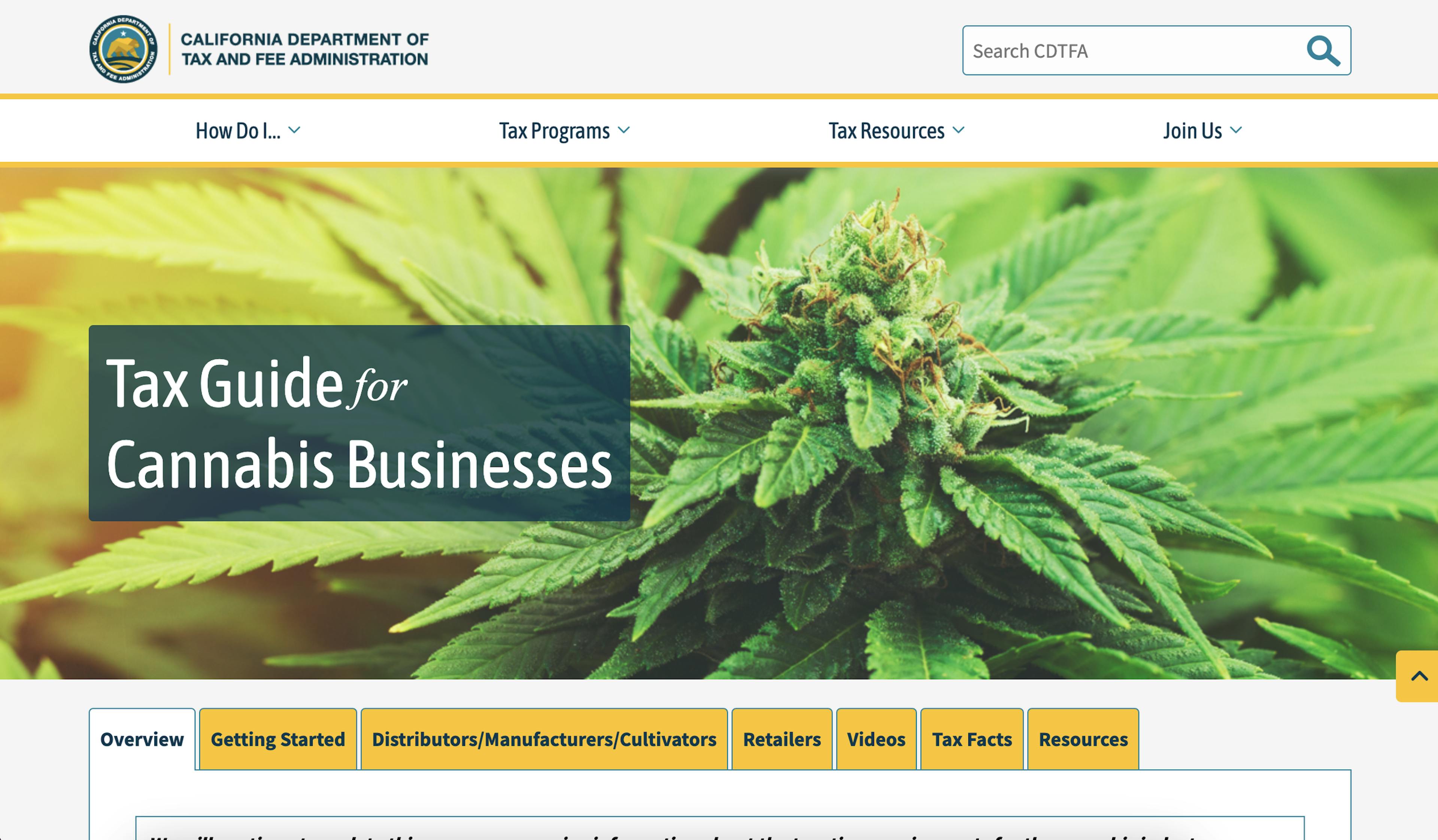A screenshot of the California Department of Tax and Feed Administration homepage - the title Tax Guide for Cannabis Businesses is prominently displayed with a cannabis plant behind hit