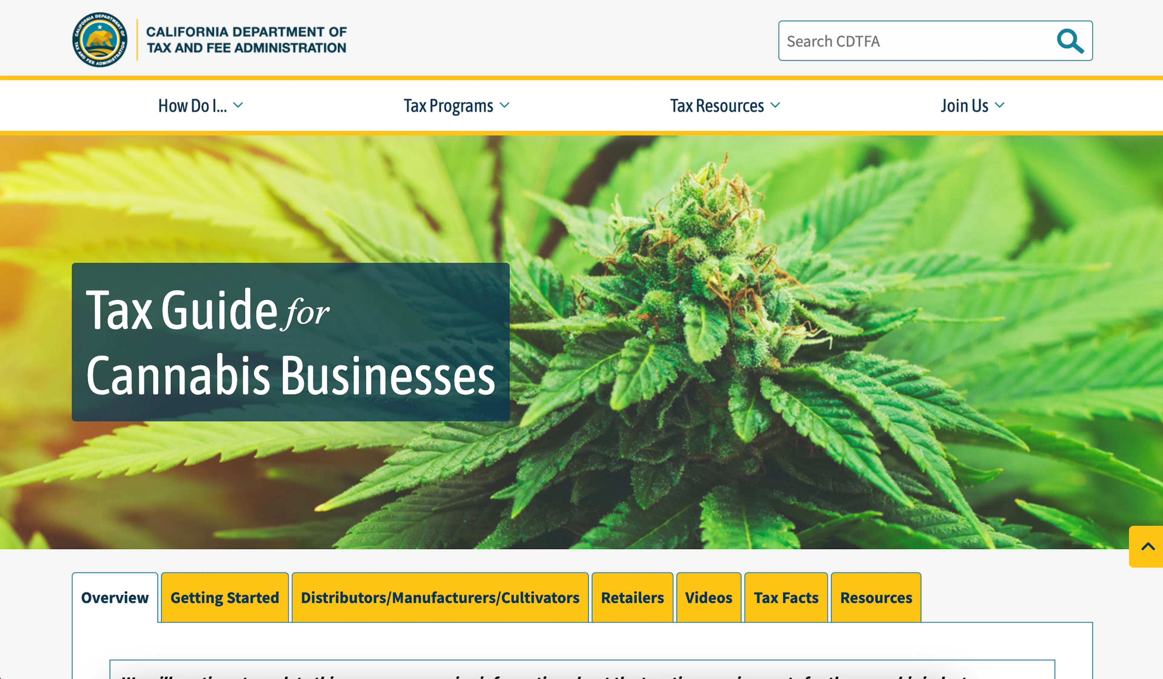A screenshot of the California Department of Tax and Feed Administration homepage - the title Tax Guide for Cannabis Businesses is prominently displayed with a cannabis plant behind hit