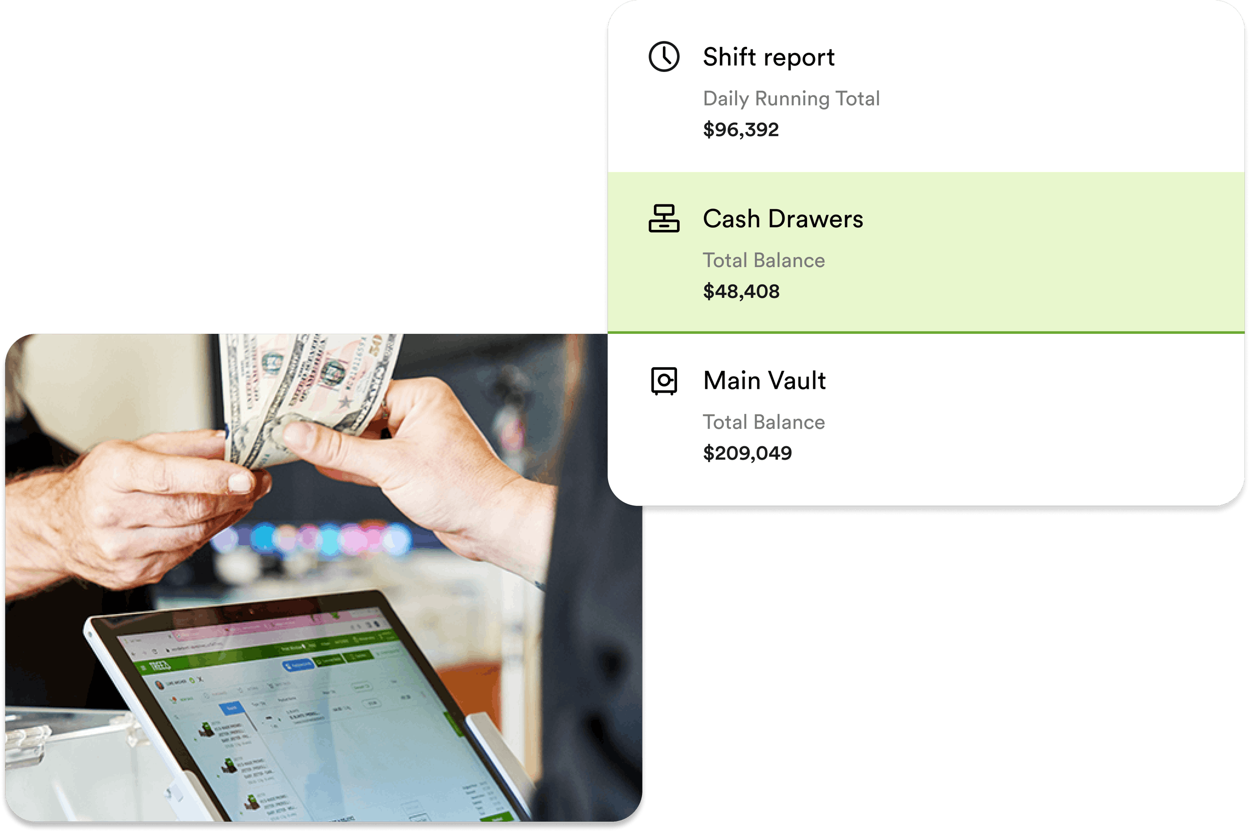 A screenshot illustration of cash drawers and shift report, with a photograph of cash being exchanged