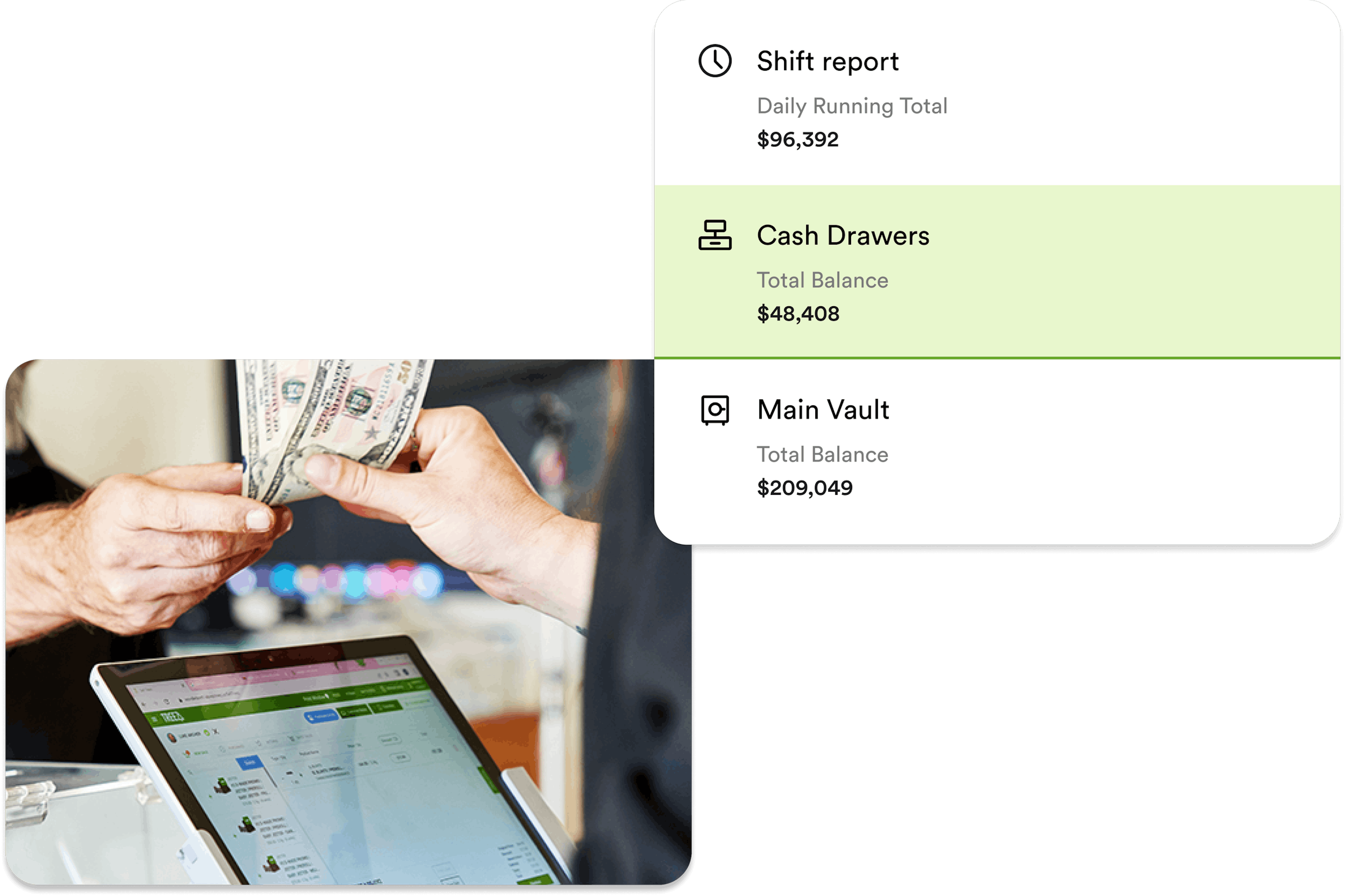 A screenshot illustration of cash drawers and shift report, with a photograph of cash being exchanged