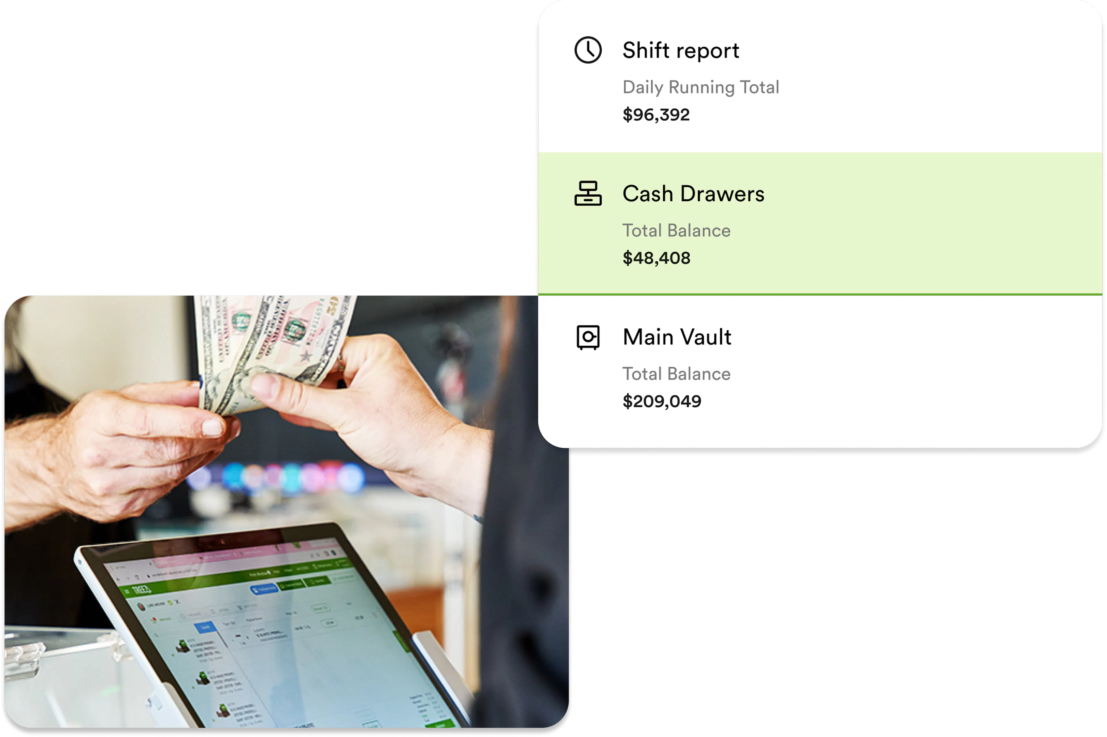 A screenshot illustration of cash drawers and shift report, with a photograph of cash being exchanged