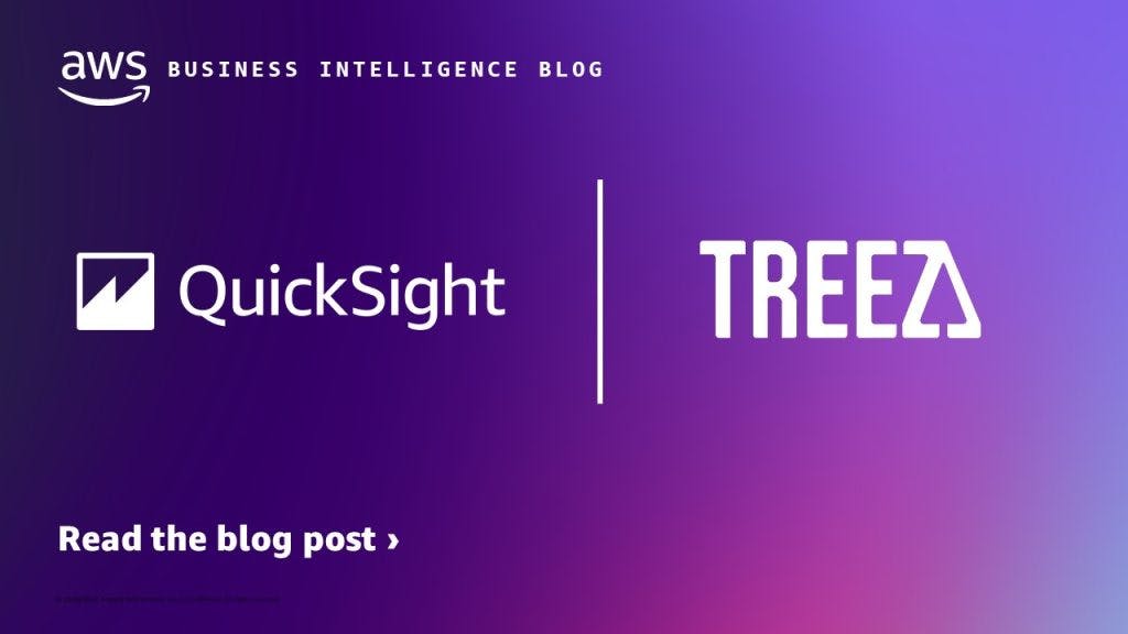 The logos of QuickSight and Treez prominently displayed. Above them is the phrase "AWS Business Intelligence blog" and below says "Read the blog post"