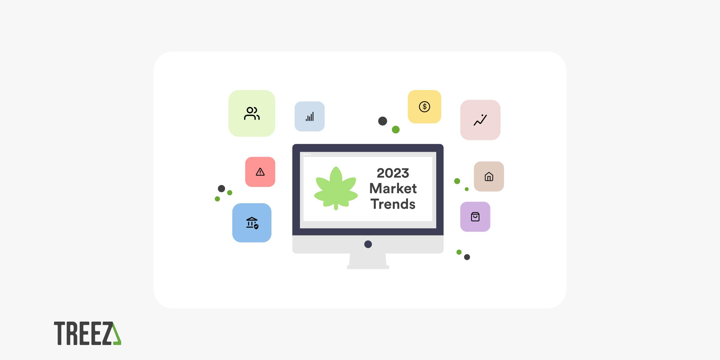 Promotional graphic for TREEZ featuring a central computer monitor with the text '2023 Market Trends' and a cannabis leaf symbol on the screen. Surrounding the monitor are colorful, abstract icons representing different business and analytics concepts. Below is the TREEZ company logo.