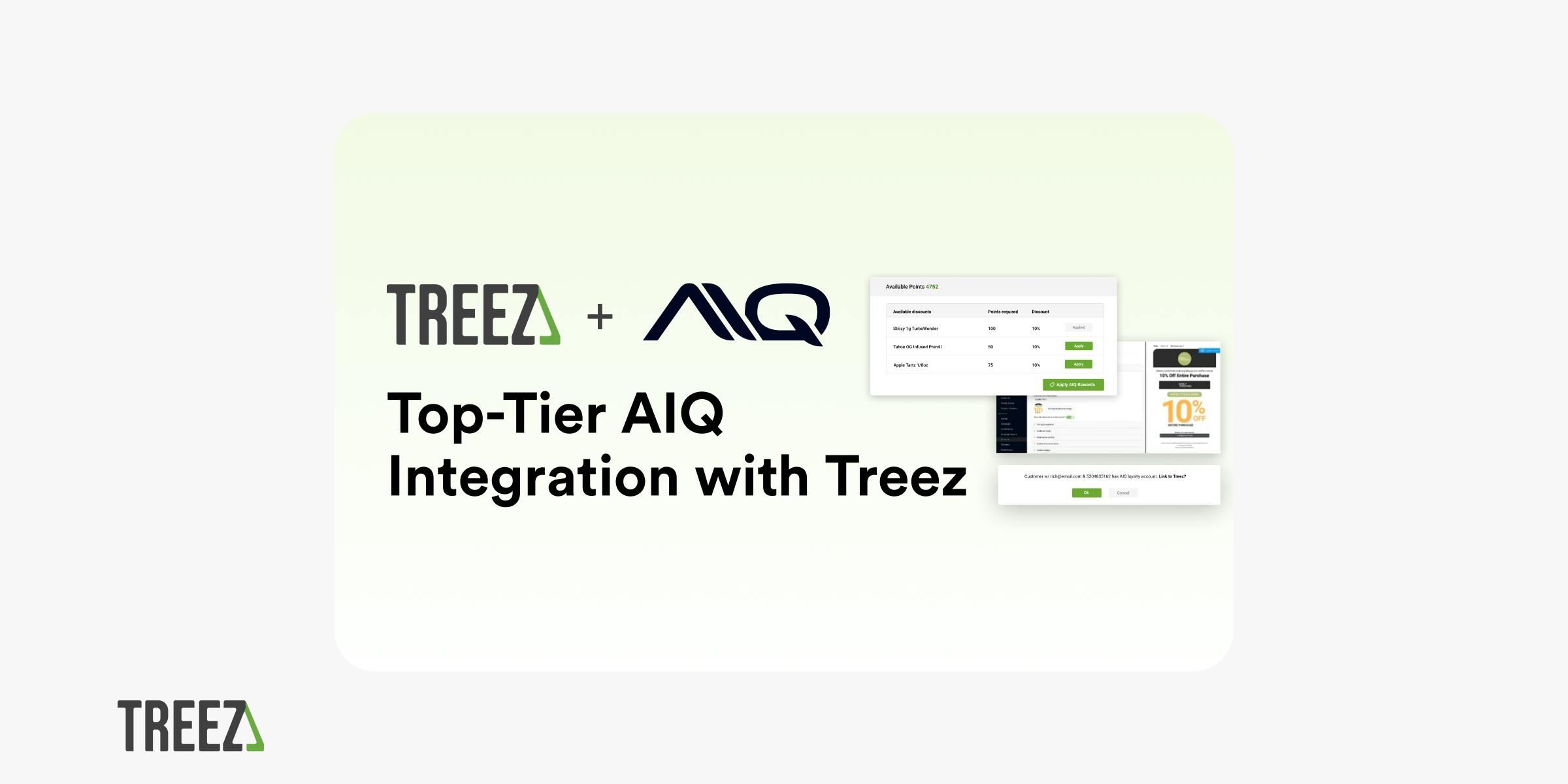 AIQ and Treez logos and screenshots show the top tier integration between Alpine IQ loyalty and Treez point of sale system