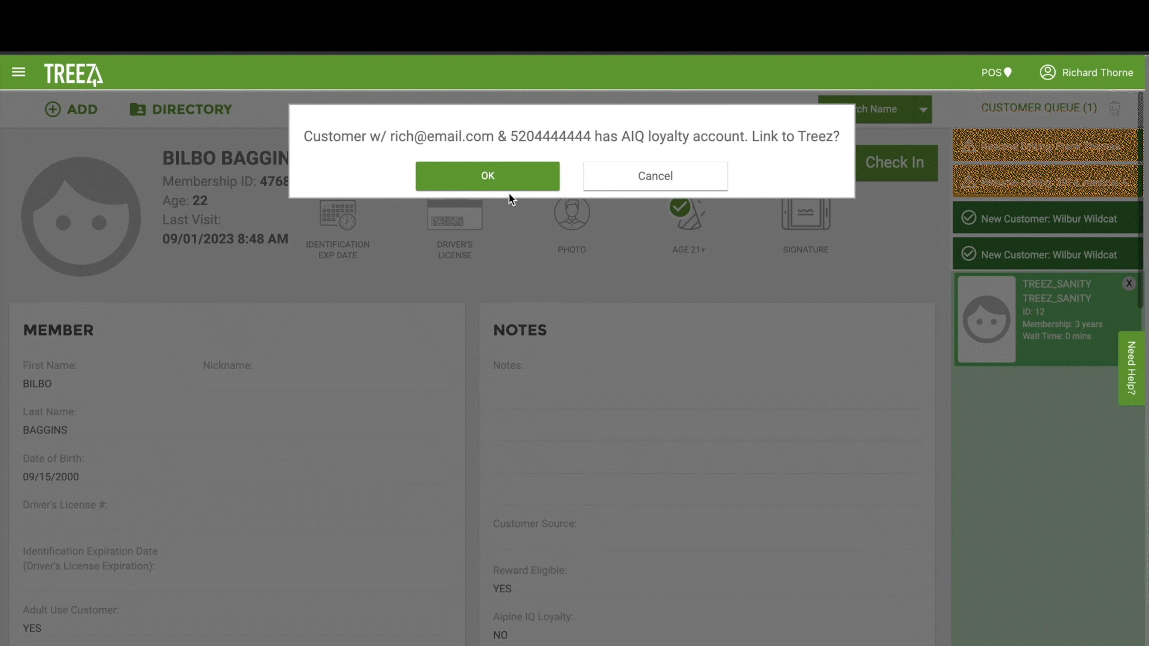 a short gif shows the ability to link customers between AIQ and Treez using phone numbers and emails