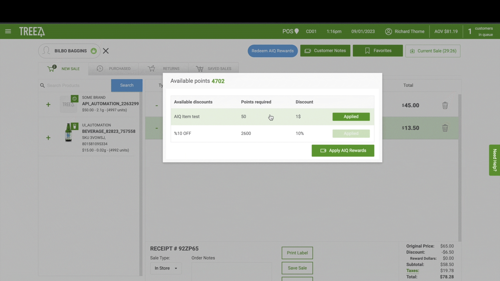 A gif shows the ability for budtenders to redeem AIQ points easily in the POS during purchase