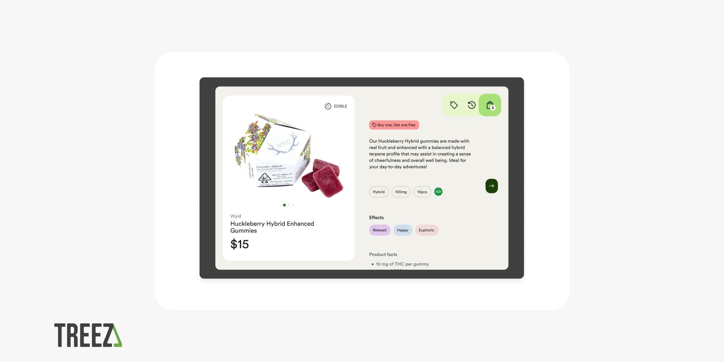 A screenshot visualization shows a point of sale ecommerce page for Huckleberry Hybrid Enhanced Gummies for sale. There's an appetizing photo of the edibles, plus flavor and effects profiles and an ingredients list. 