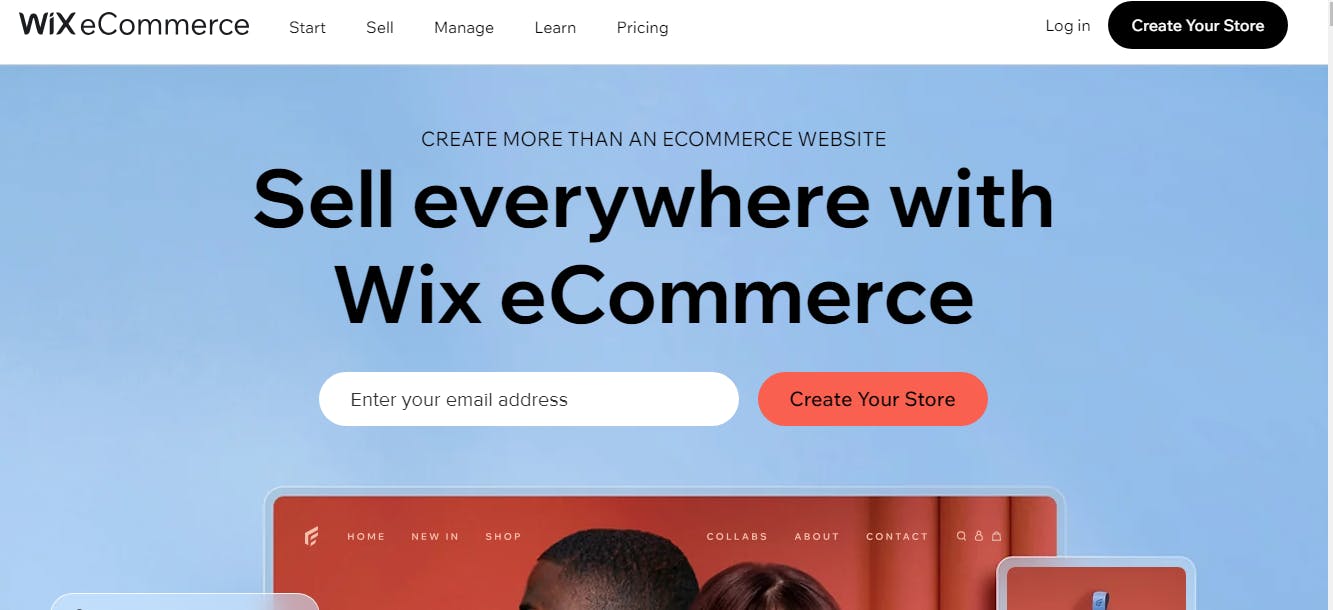 A screenshot of the Wix website is displayed, with the words Sell everywhere with Wix eCommerce and Create your Store