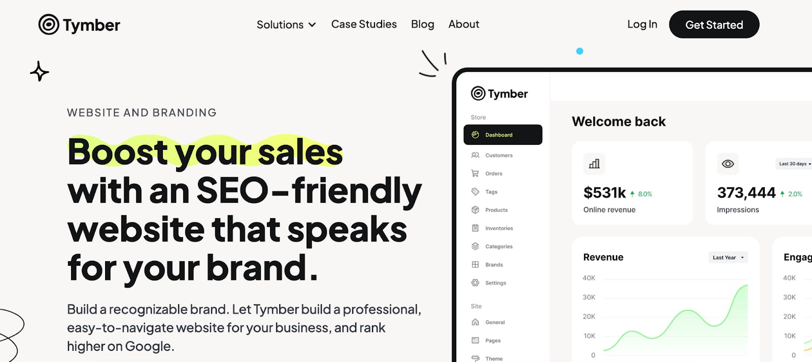 A screenshot of the Tymber website is displayed, with the words Boost your sales with an SEO-friendly website that speaks for your brand
