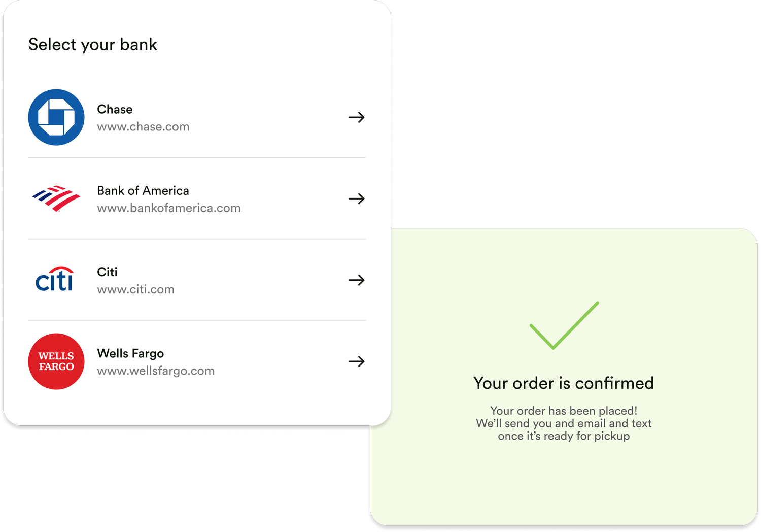 A screenshot illustration of ACH payments, listing popular banks and a confirmation message for a cannabis order made at a dispensary through ACH payments