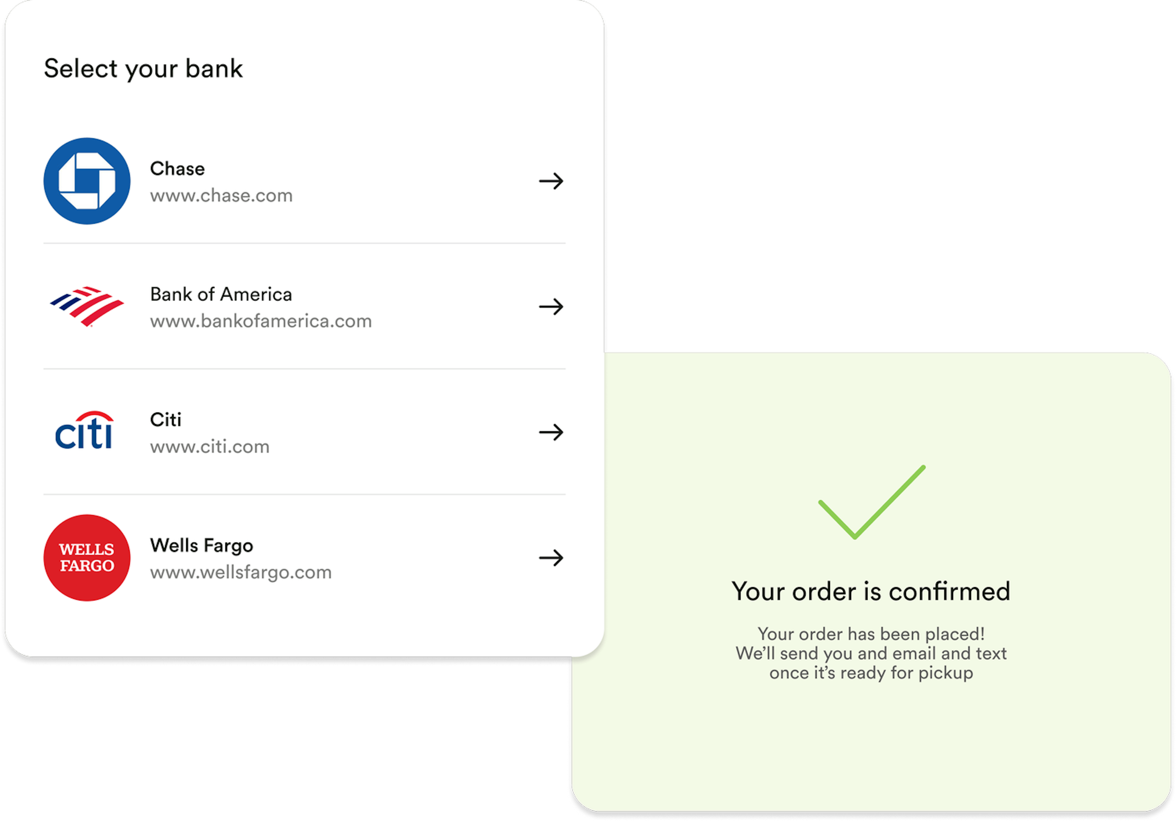 A screenshot illustration of ACH payments, listing popular banks and a confirmation message for a cannabis order made at a dispensary through ACH payments
