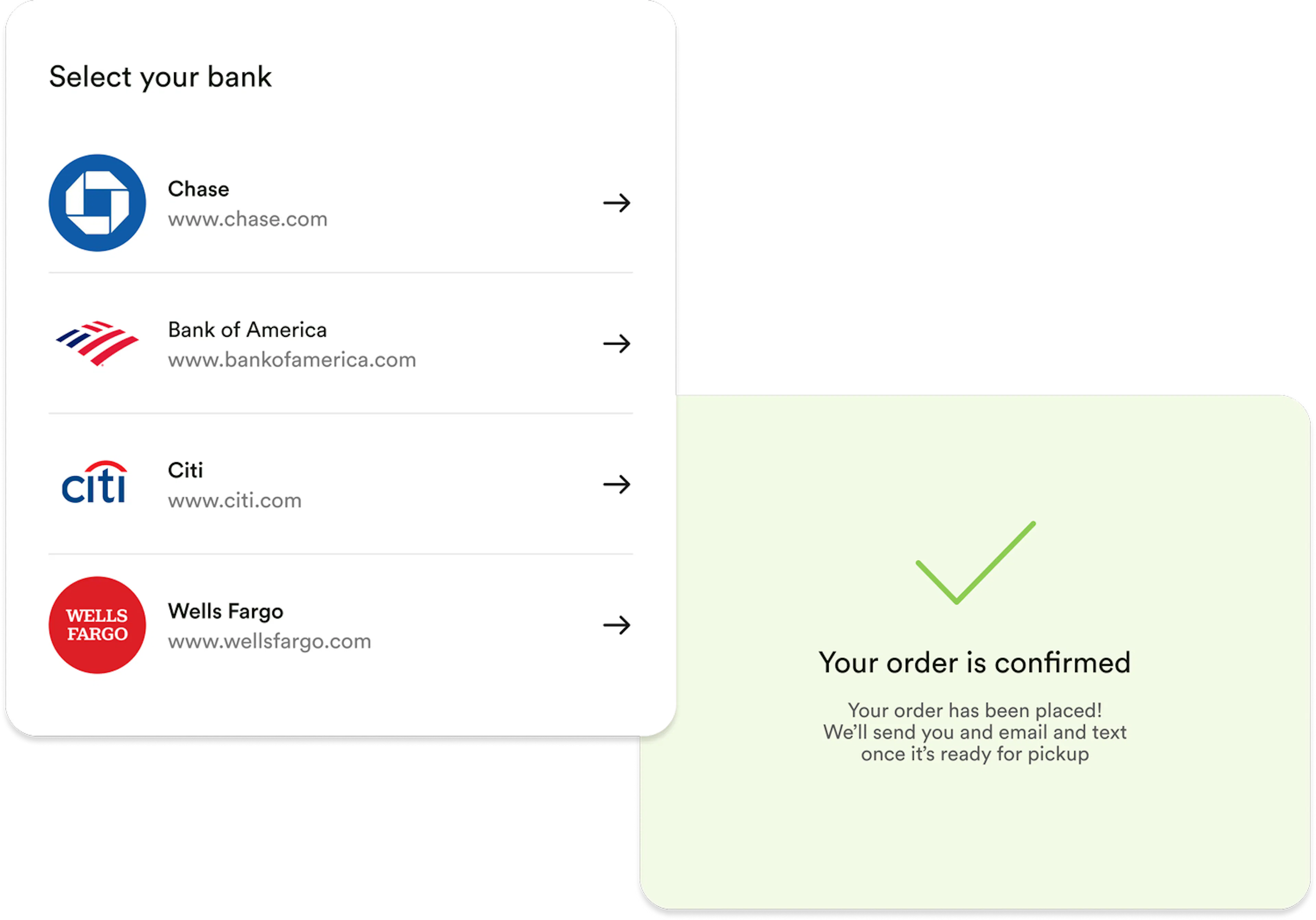 A screenshot illustration of ACH payments, listing popular banks and a confirmation message for a cannabis order made at a dispensary through ACH payments
