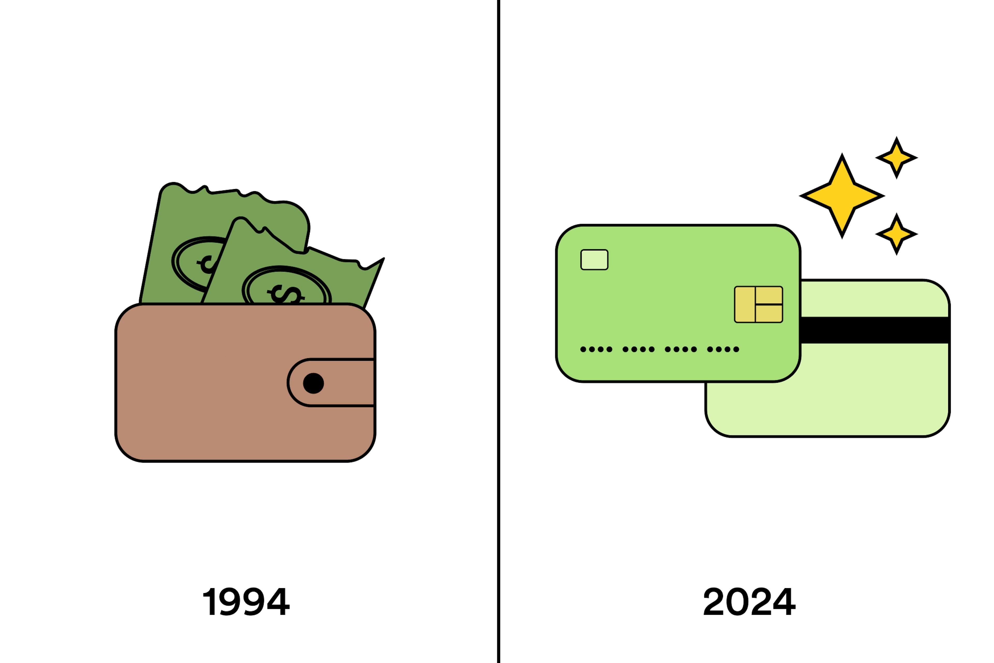 An illustration depicts cash, torn and messy in a wallet with the subtitle 1993. Opposite, a clean, shiny new debit card sparkles, with the subtitle 2024.