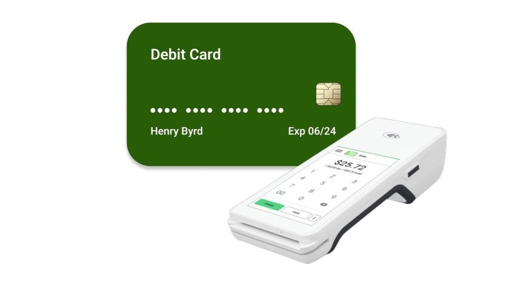 A debit card terminal, with buttons, a price display and a slot for a card to inserted. Above, a debit card floats.