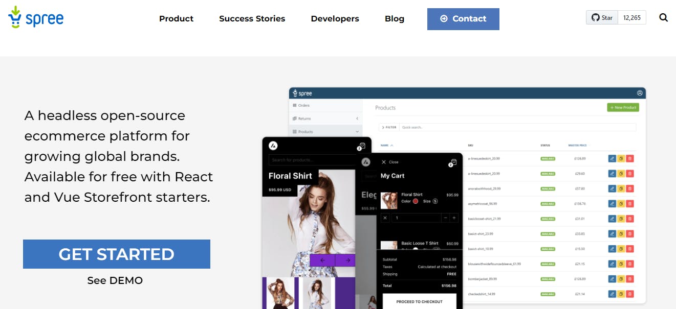 A screenshot of the Spree website is displayed, with the words A headless open-source ecommerce platform for growing global brands.