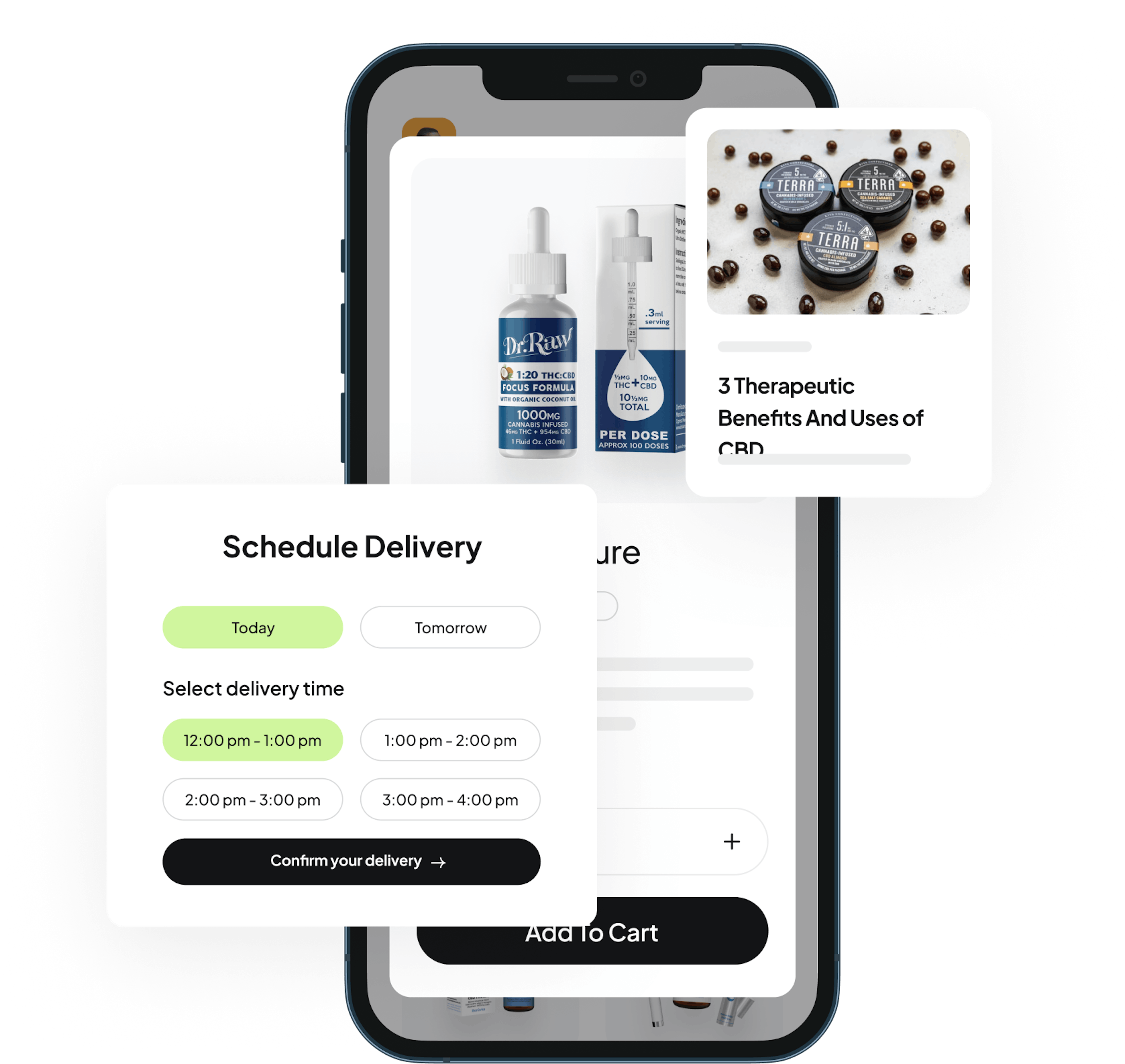 A visualization of a purchase for a dispensary - with a schedule delivery page and several products available - tymber + treez integration